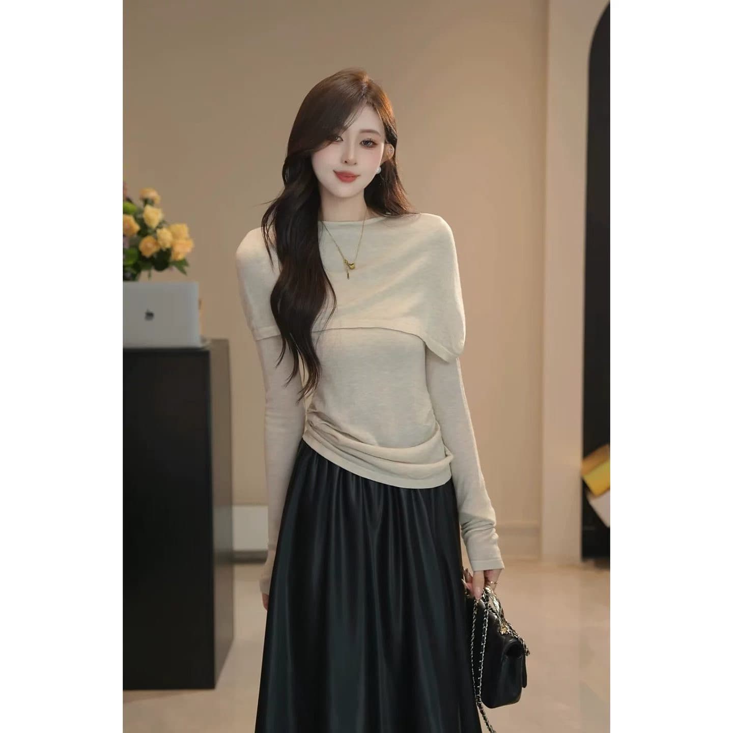 한 부서 착용 가져 가라. 회색 페이크 레이어드 숄 긴팔 티셔츠 여성 가을 작은 대중 디자인 센스 맨위 인사이드 가져 가라. 기본 셔츠