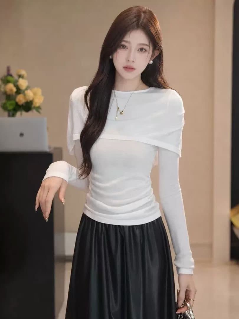 한 부서 착용 가져 가라. 회색 페이크 레이어드 숄 긴팔 티셔츠 여성 가을 작은 대중 디자인 센스 맨위 인사이드 가져 가라. 기본 셔츠 상세 이미지 4