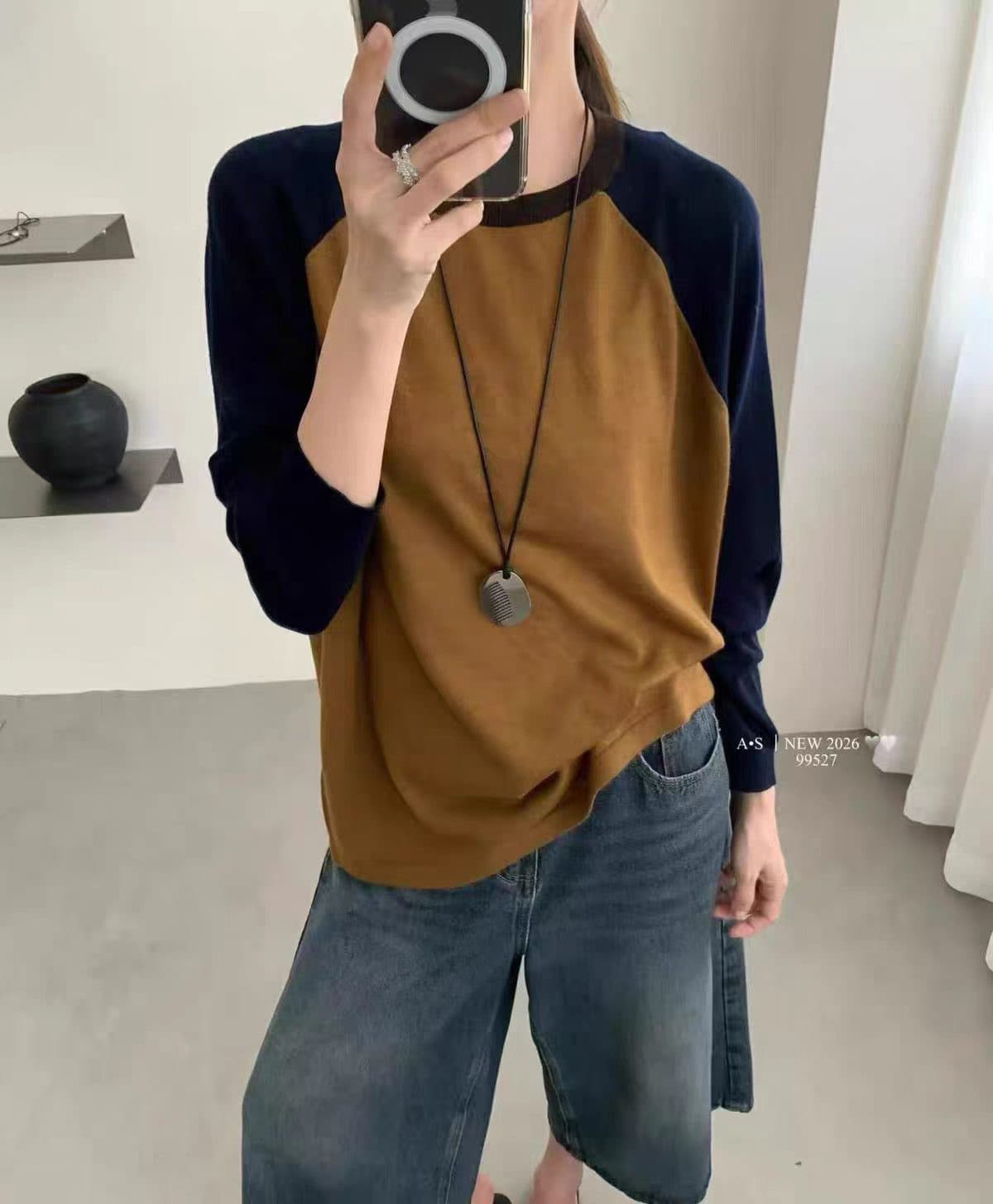 유럽 역 익스트림 제인 바람 라운드 넥 배색 삽입 어깨 소매 패션 미니멀리즘 루즈핏 다용도 양모 니트 스웨터 기본 셔츠 여성 이미지 2