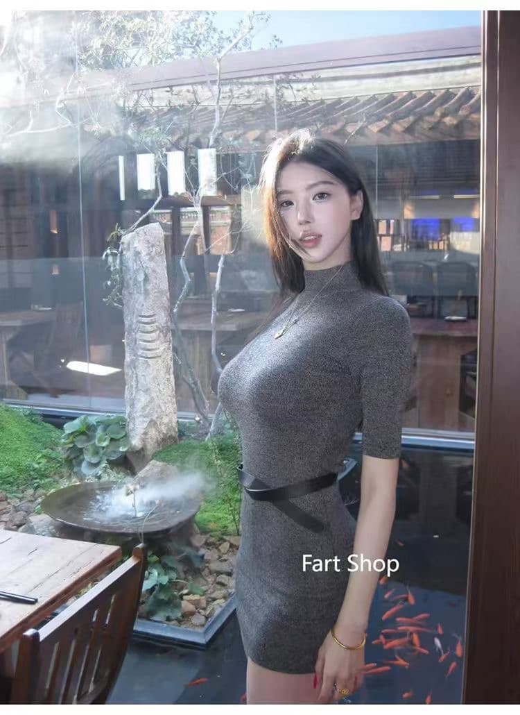 로얄 자매 타이트 스커트 여성 드레스 반하이넥 모직물 슬림해 보이는 타이트 반소매 짧은 치마 상세 이미지 3