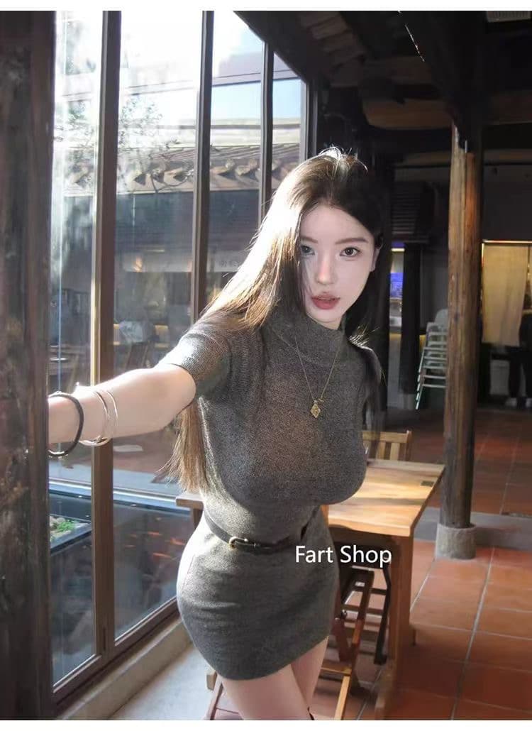 로얄 자매 타이트 스커트 여성 드레스 반하이넥 모직물 슬림해 보이는 타이트 반소매 짧은 치마 상세 이미지 4
