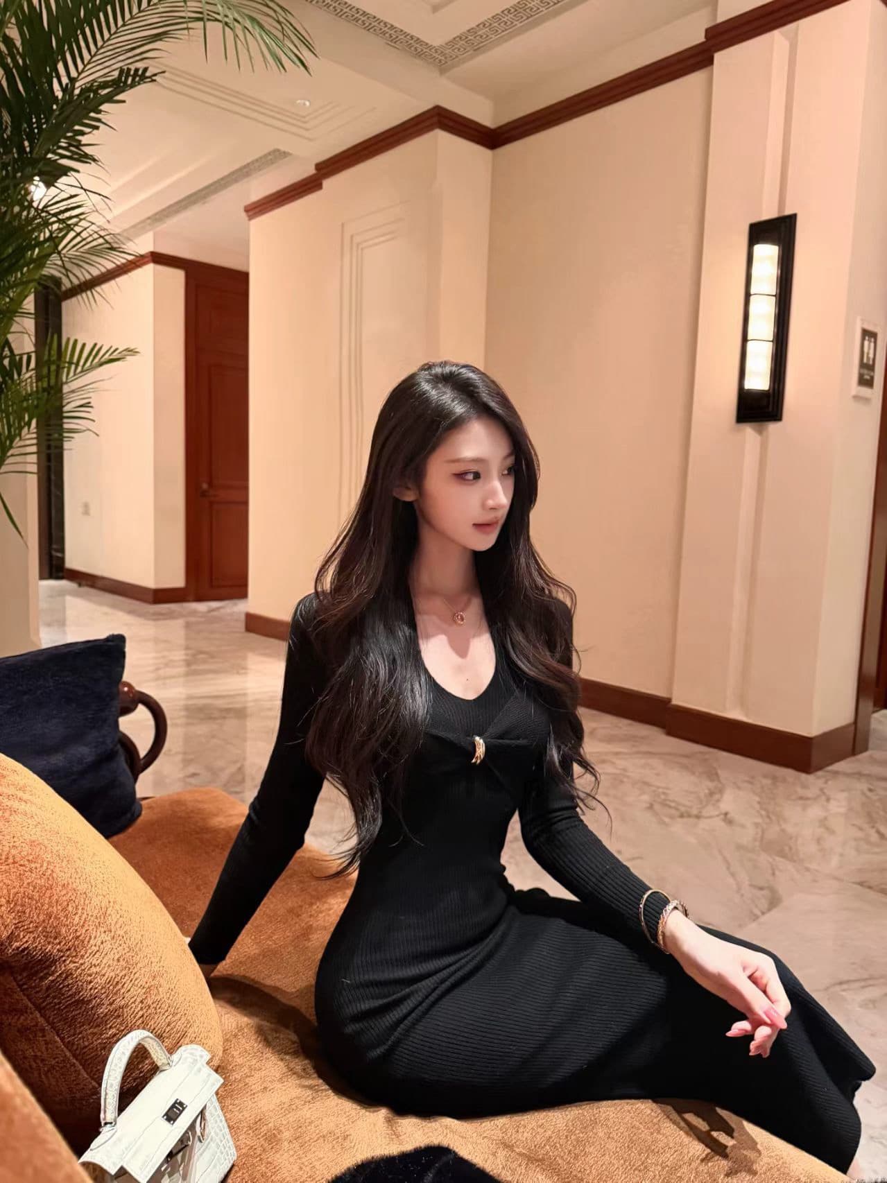 섹시함 타이트 스커트 페이크 레이어드 행침 목 여성 드레스 2026 가을 겨울철 몸매 가꾸기 순수한 욕망 허리 수축 니트 길다 치마 상세 이미지 3