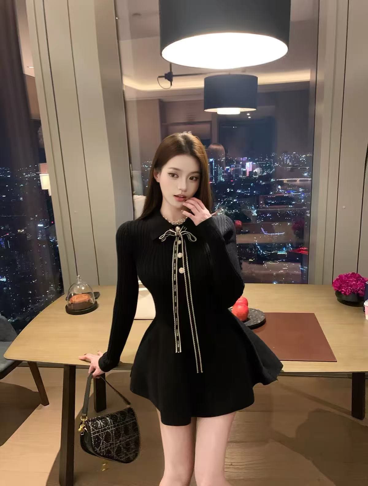 신제품 니트 드레스 장 원 영어 스타일 소녀 폴로 칼라 허리 수축 퍼프 스커트 초단 스커트 이미지 3