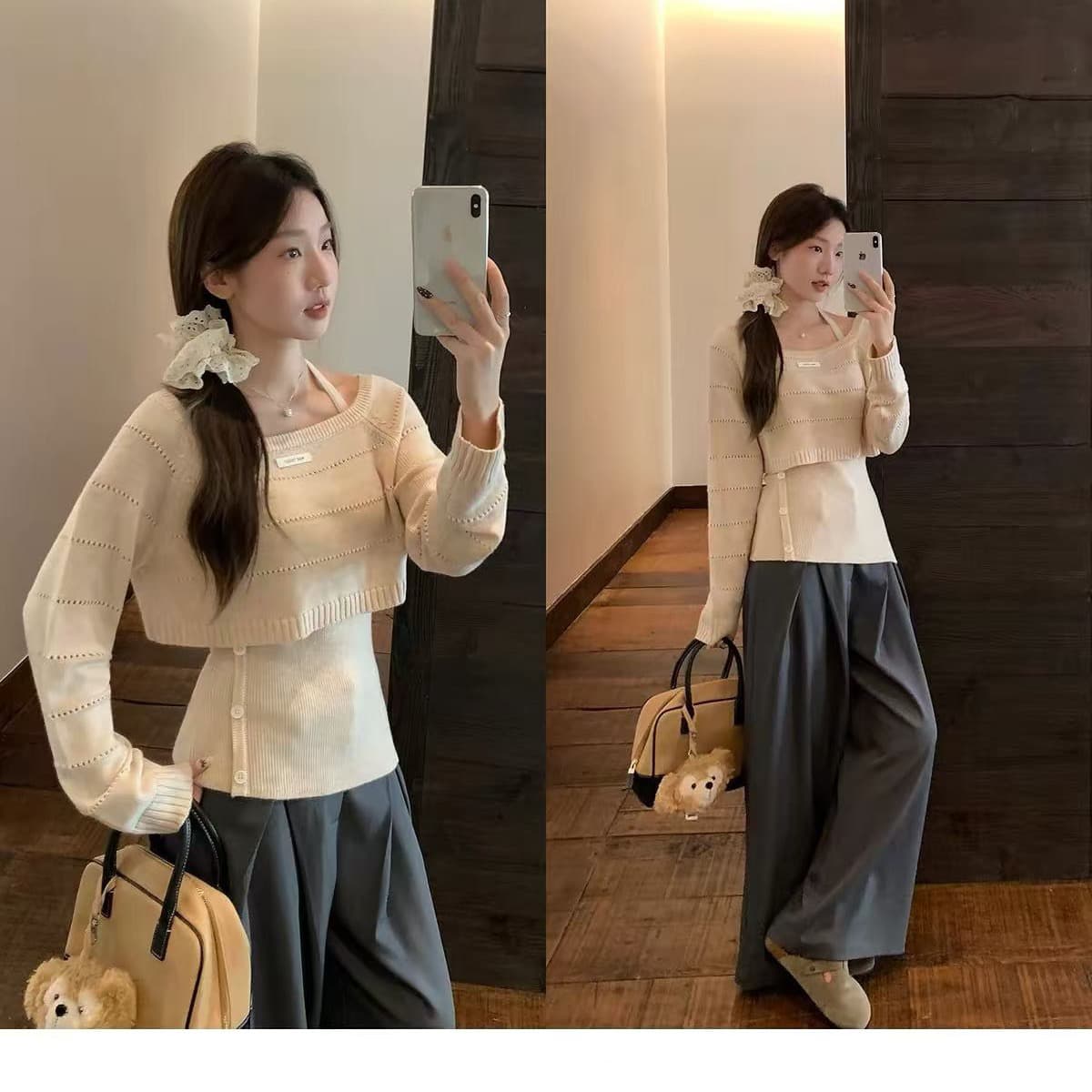우 77 달콤한 차가운 바람 니트 두 조각 여성 세트 행침 목 허리 수축 캐미솔 오프숄더 홀로우 아웃 블라우스 맨위 세트 이미지 5