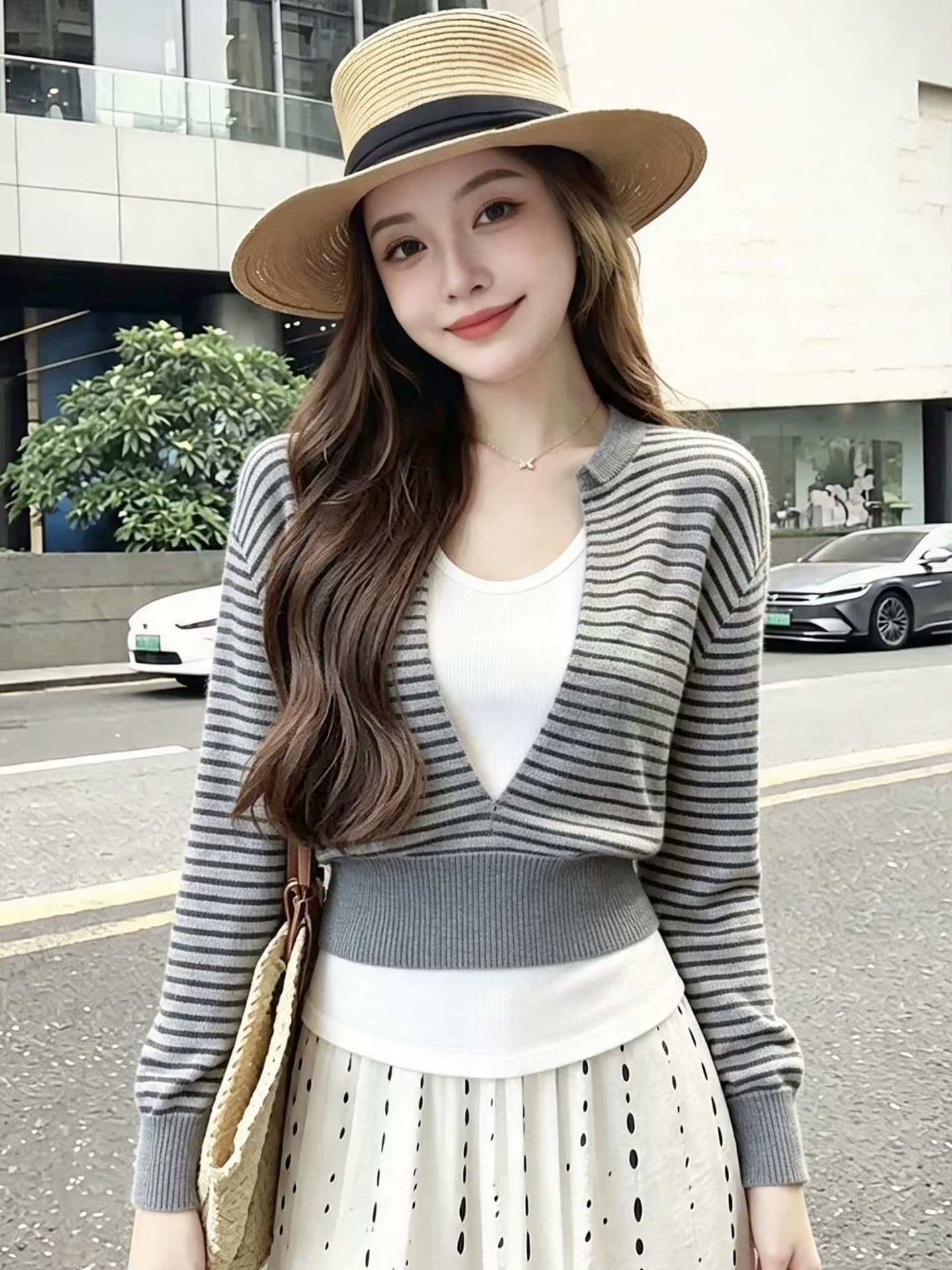 고급 센스 다용도 페이크 레이어드 V넥 스트라이프 니트 스웨터 여성 2026 봄 새로운 품격 슬림해 보이는 연령 감소 맨위 상세 이미지 4