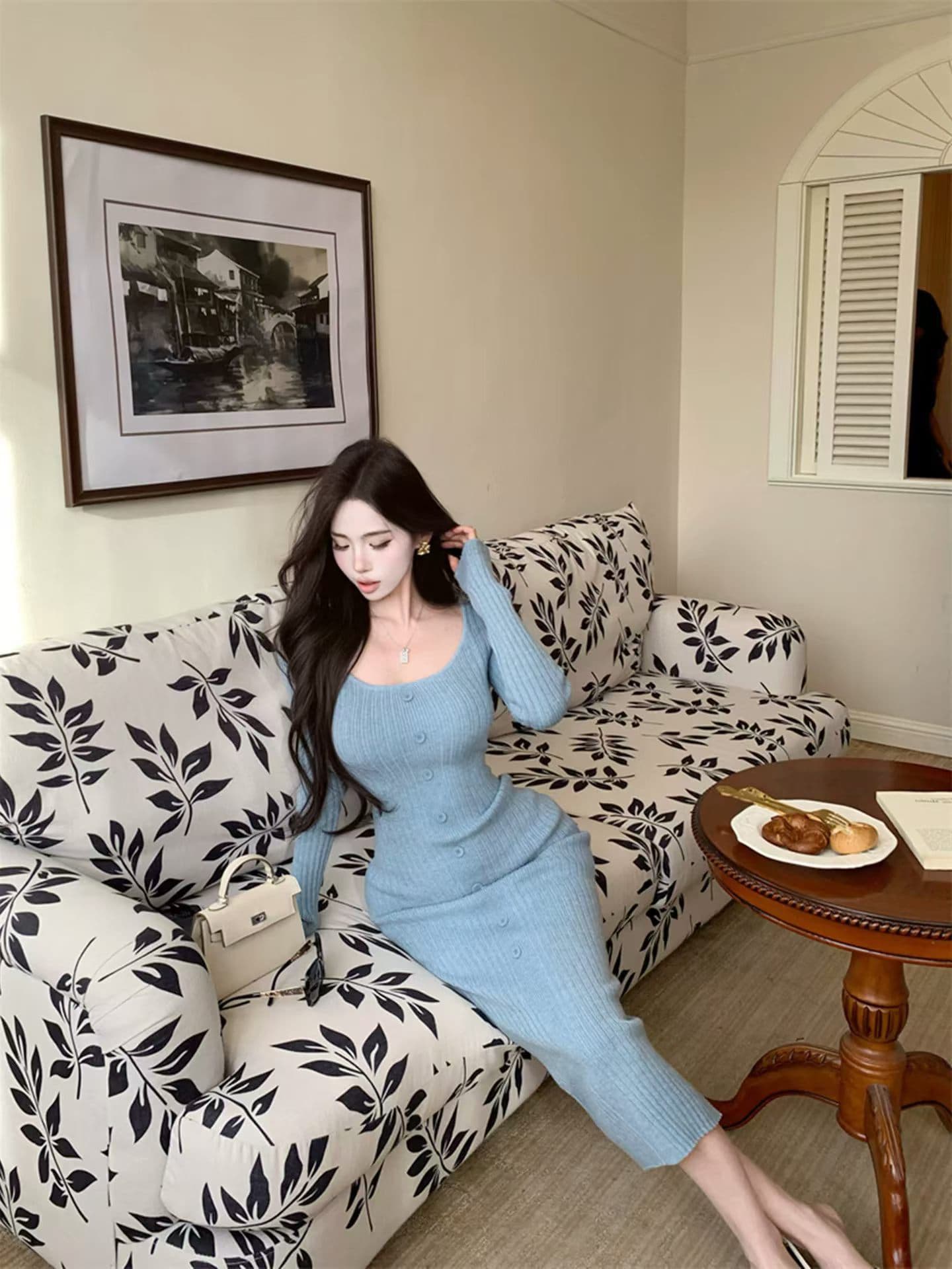 fart shop 안개 바다 诗行 단색 긴팔 니트 여성 드레스 가을 겨울 광장 칼라 몸매 가꾸기 타이트 스커트 상세 이미지 2