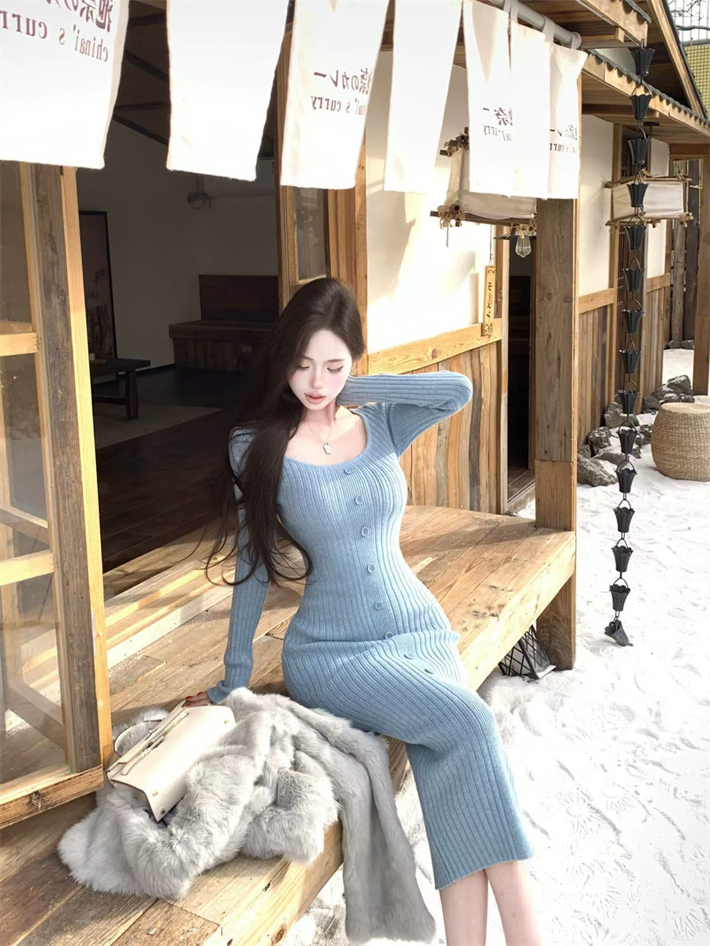 fart shop 안개 바다 诗行 단색 긴팔 니트 여성 드레스 가을 겨울 광장 칼라 몸매 가꾸기 타이트 스커트 상세 이미지 3