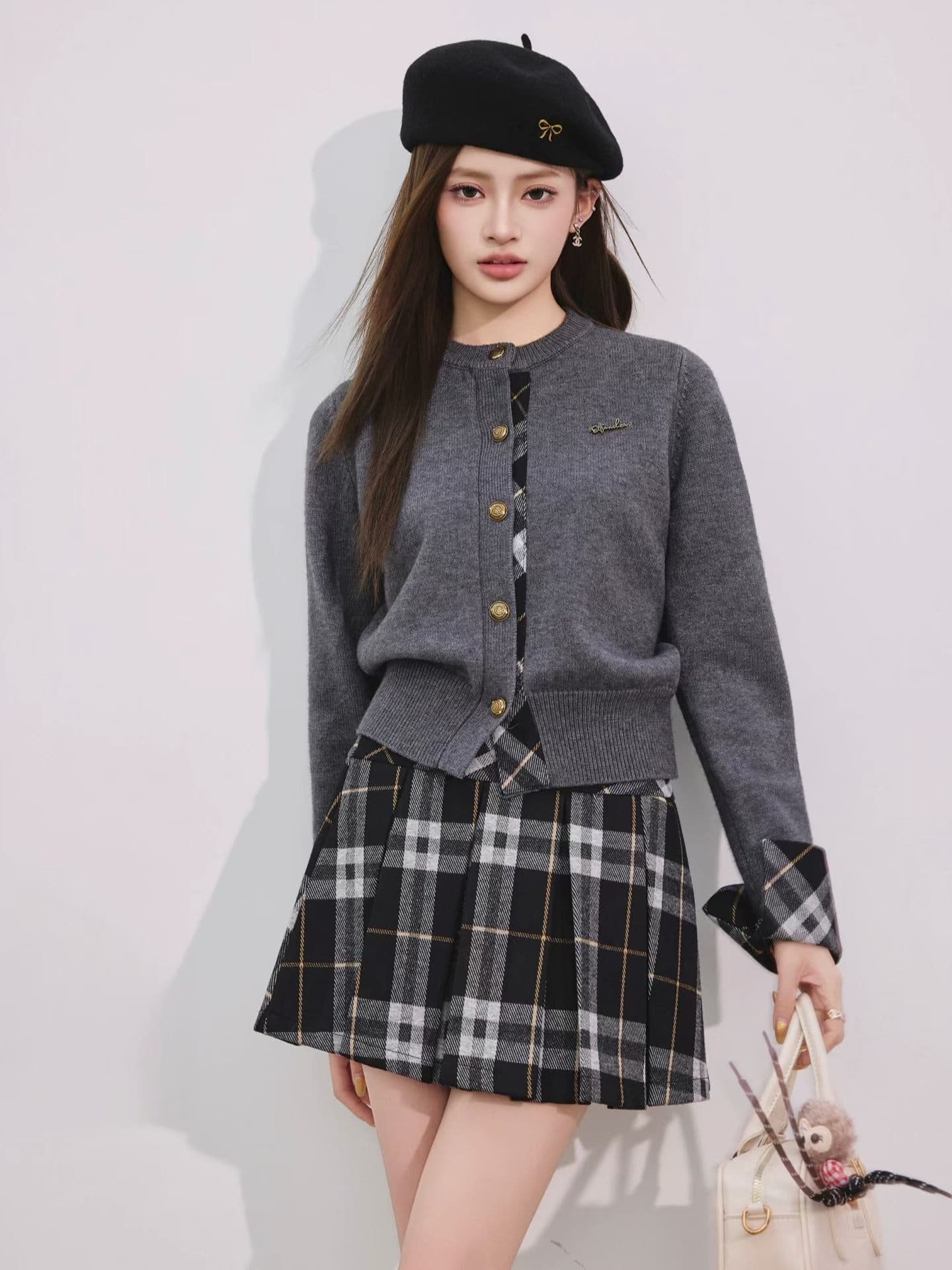 링 그리드 패치워크 니트 오픈 가디건 여성 레트로 라운드 넥 배색 작은 키 체크무늬 스웨터 이미지 2