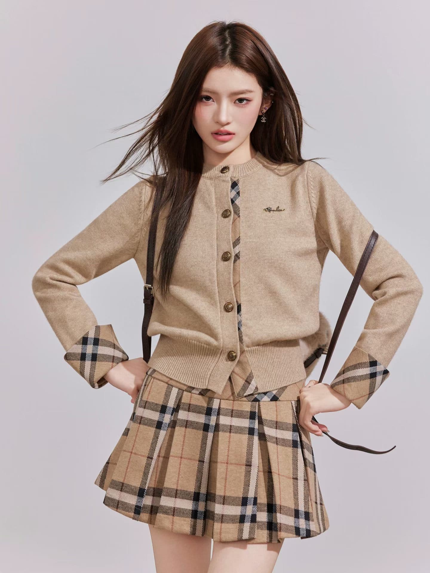 링 그리드 패치워크 니트 오픈 가디건 여성 레트로 라운드 넥 배색 작은 키 체크무늬 스웨터 상세 이미지 2