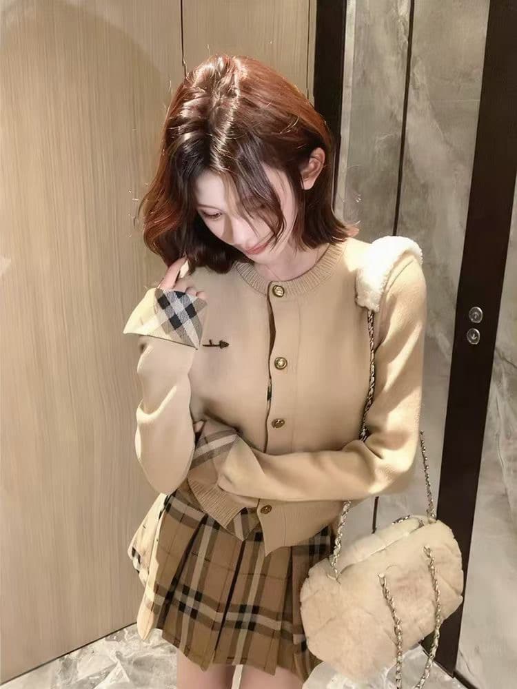 링 그리드 패치워크 니트 오픈 가디건 여성 레트로 라운드 넥 배색 작은 키 체크무늬 스웨터 상세 이미지 4