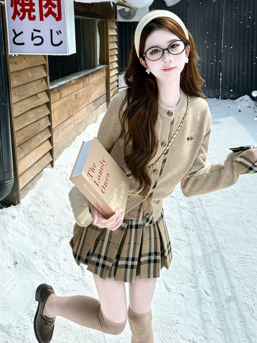 링 그리드 패치워크 니트 오픈 가디건 여성 레트로 라운드 넥 배색 작은 키 체크무늬 스웨터 상세 이미지 5