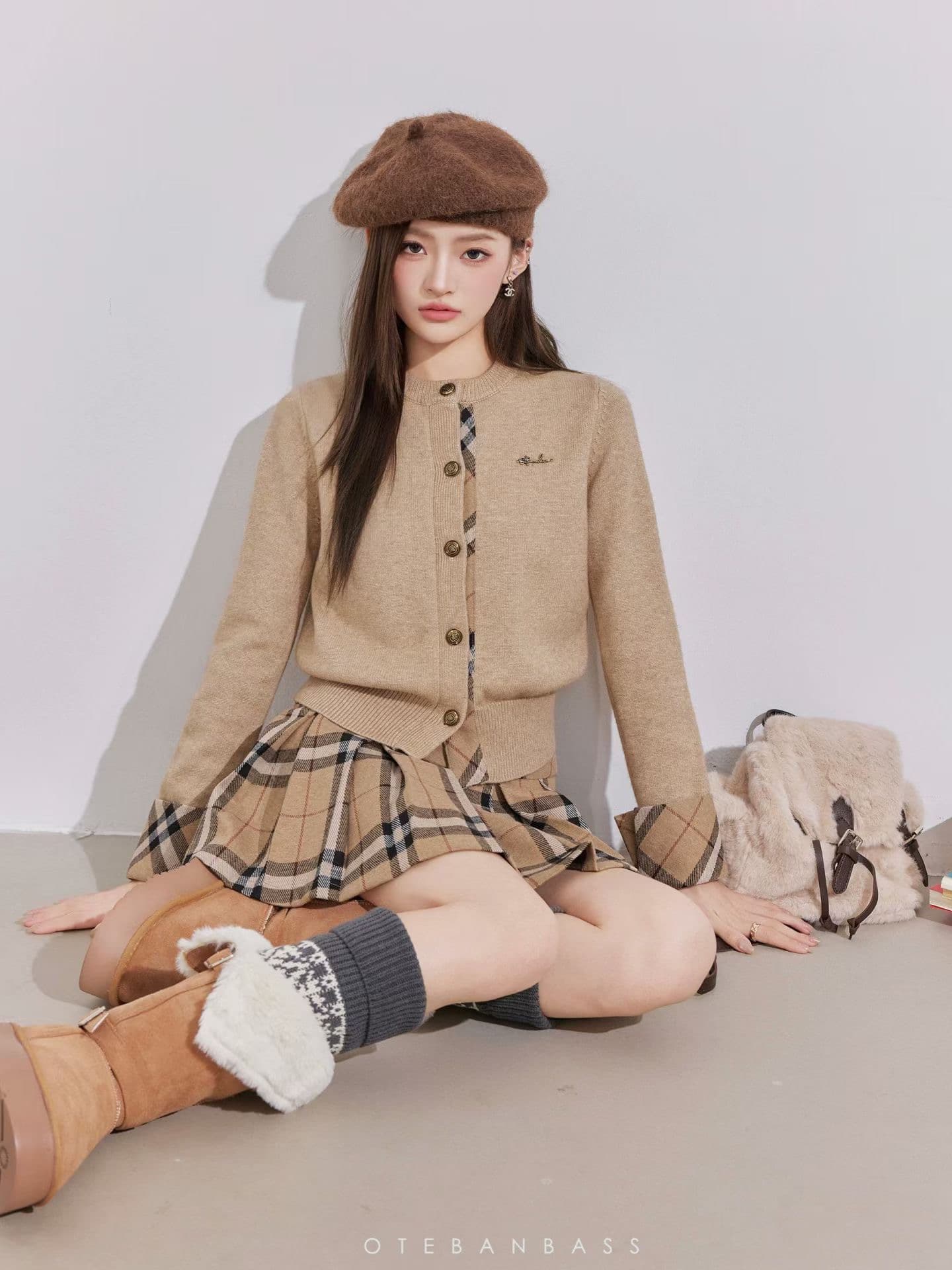 링 그리드 패치워크 니트 오픈 가디건 여성 레트로 라운드 넥 배색 작은 키 체크무늬 스웨터 상세 이미지 7