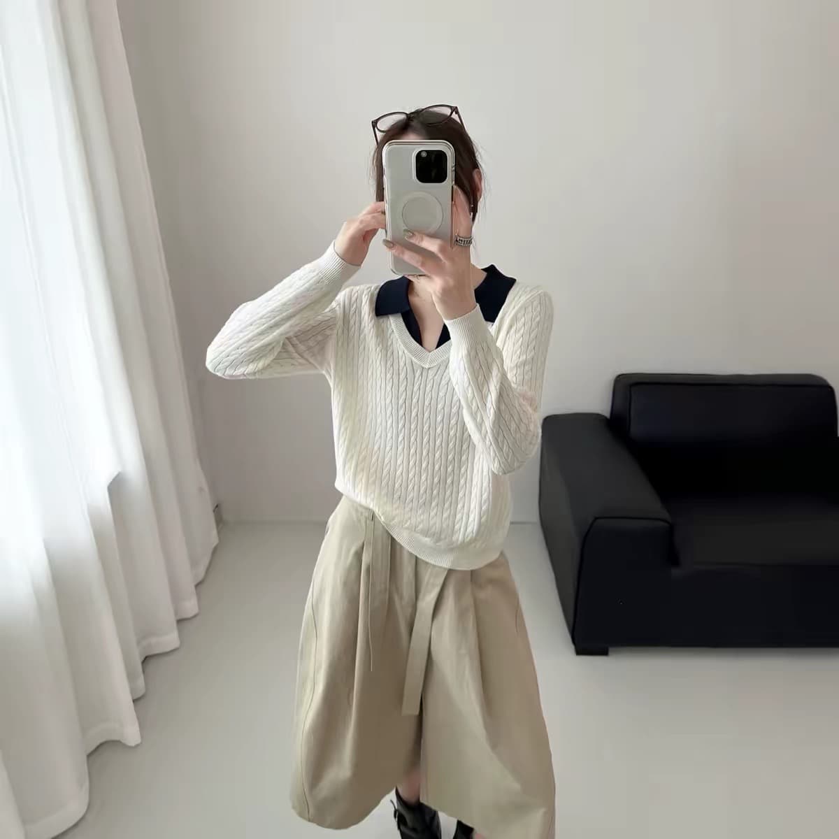 오래된 돈 바람 POLO 칼라 페이크 레이어드 긴팔 니트 스웨터 여성 가을 디자인 센스 몸매 가꾸기 슬림해 보이는 품격 만나는 맨위
