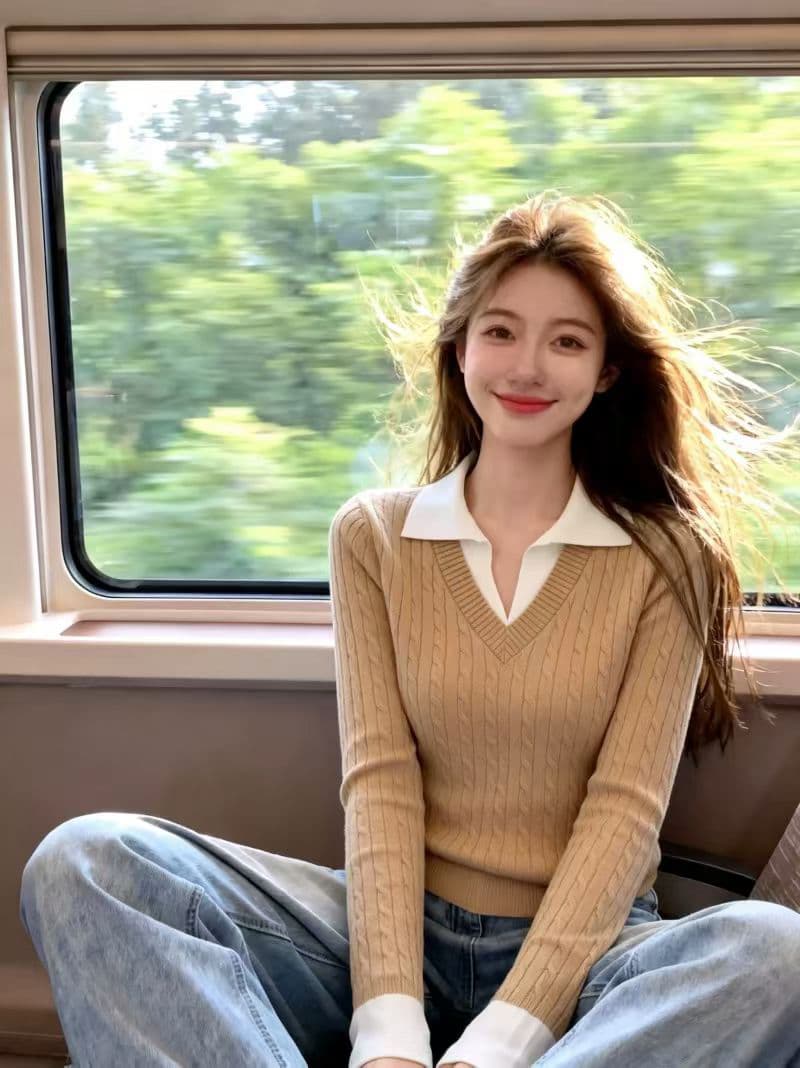 오래된 돈 바람 POLO 칼라 페이크 레이어드 긴팔 니트 스웨터 여성 가을 디자인 센스 몸매 가꾸기 슬림해 보이는 품격 만나는 맨위 상세 이미지 3