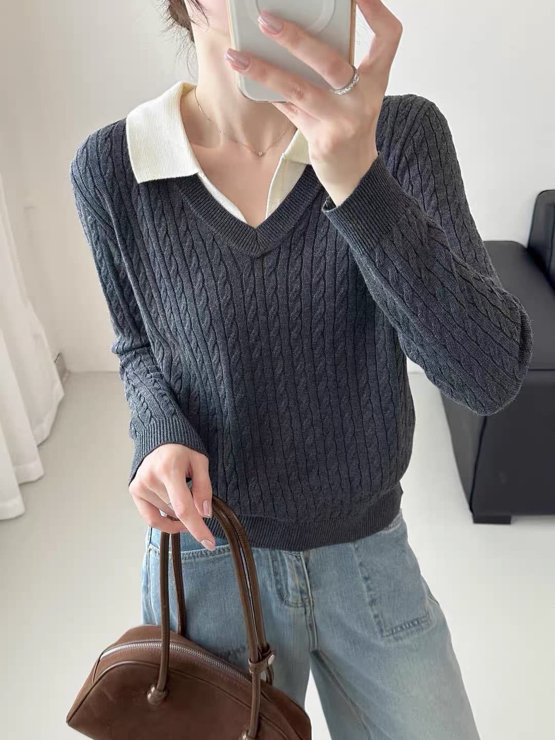 오래된 돈 바람 POLO 칼라 페이크 레이어드 긴팔 니트 스웨터 여성 가을 디자인 센스 몸매 가꾸기 슬림해 보이는 품격 만나는 맨위 상세 이미지 5