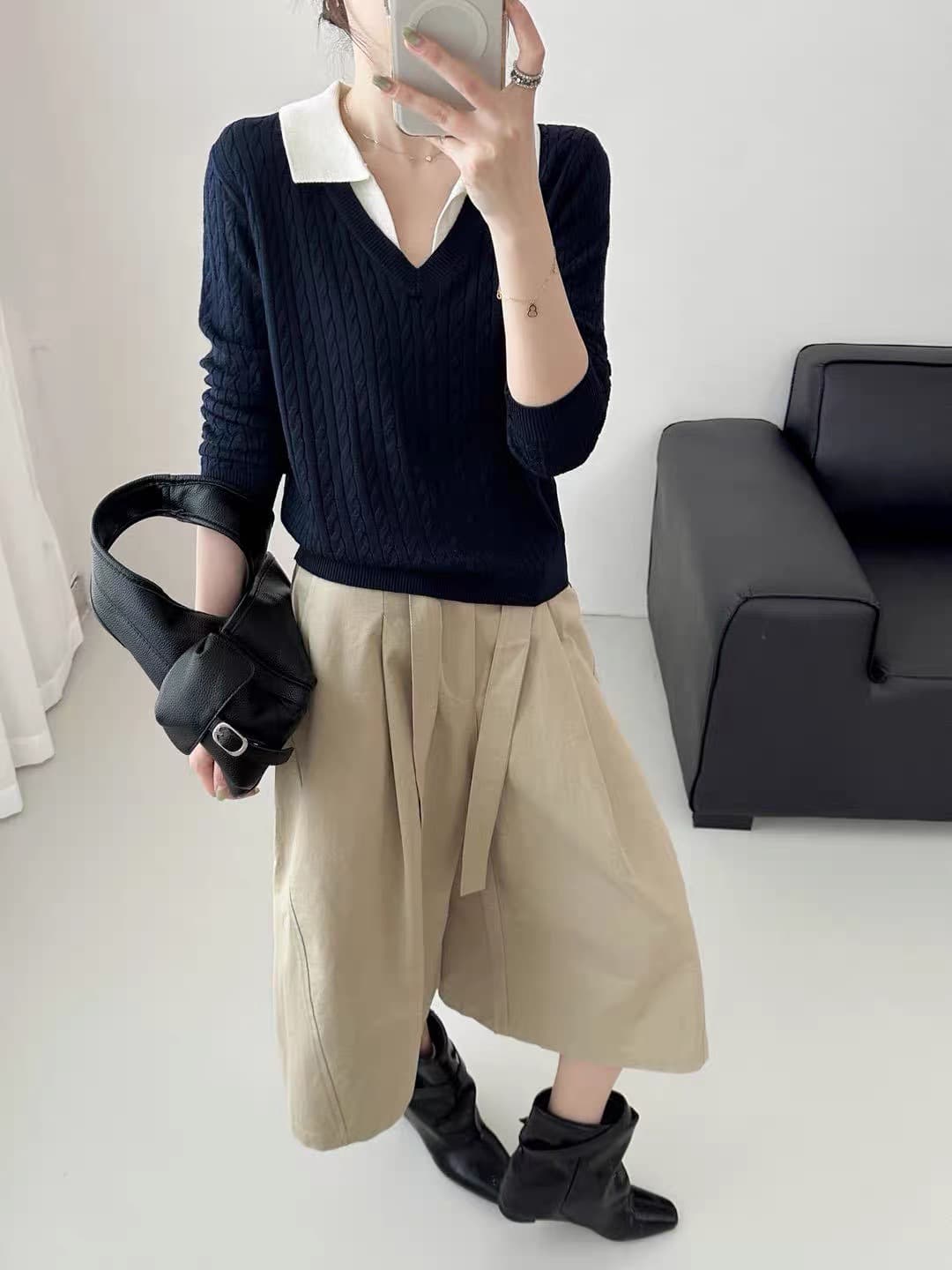 오래된 돈 바람 POLO 칼라 페이크 레이어드 긴팔 니트 스웨터 여성 가을 디자인 센스 몸매 가꾸기 슬림해 보이는 품격 만나는 맨위 상세 이미지 6