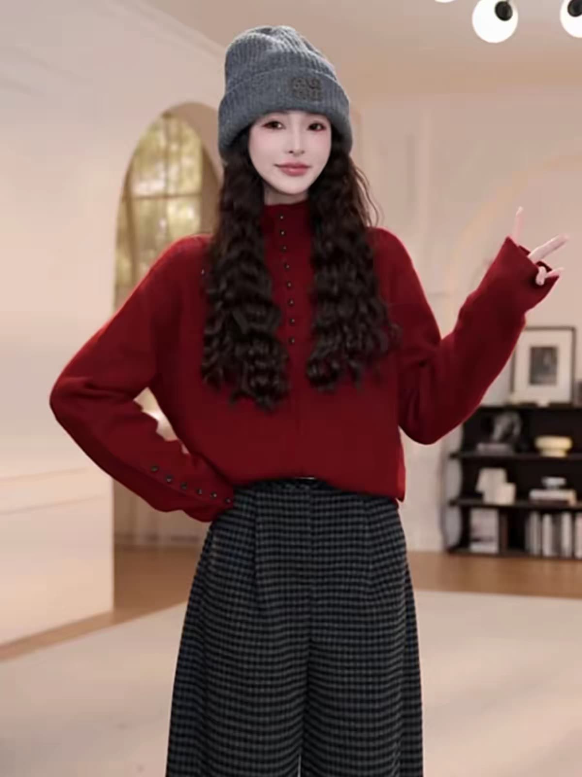 느긋한 바람 회색 반하이넥 단추 스웨터 여자 가을 겨울 루즈핏 패션 다용도 풀오버 긴팔 니트 스웨터 맨위 이미지 2