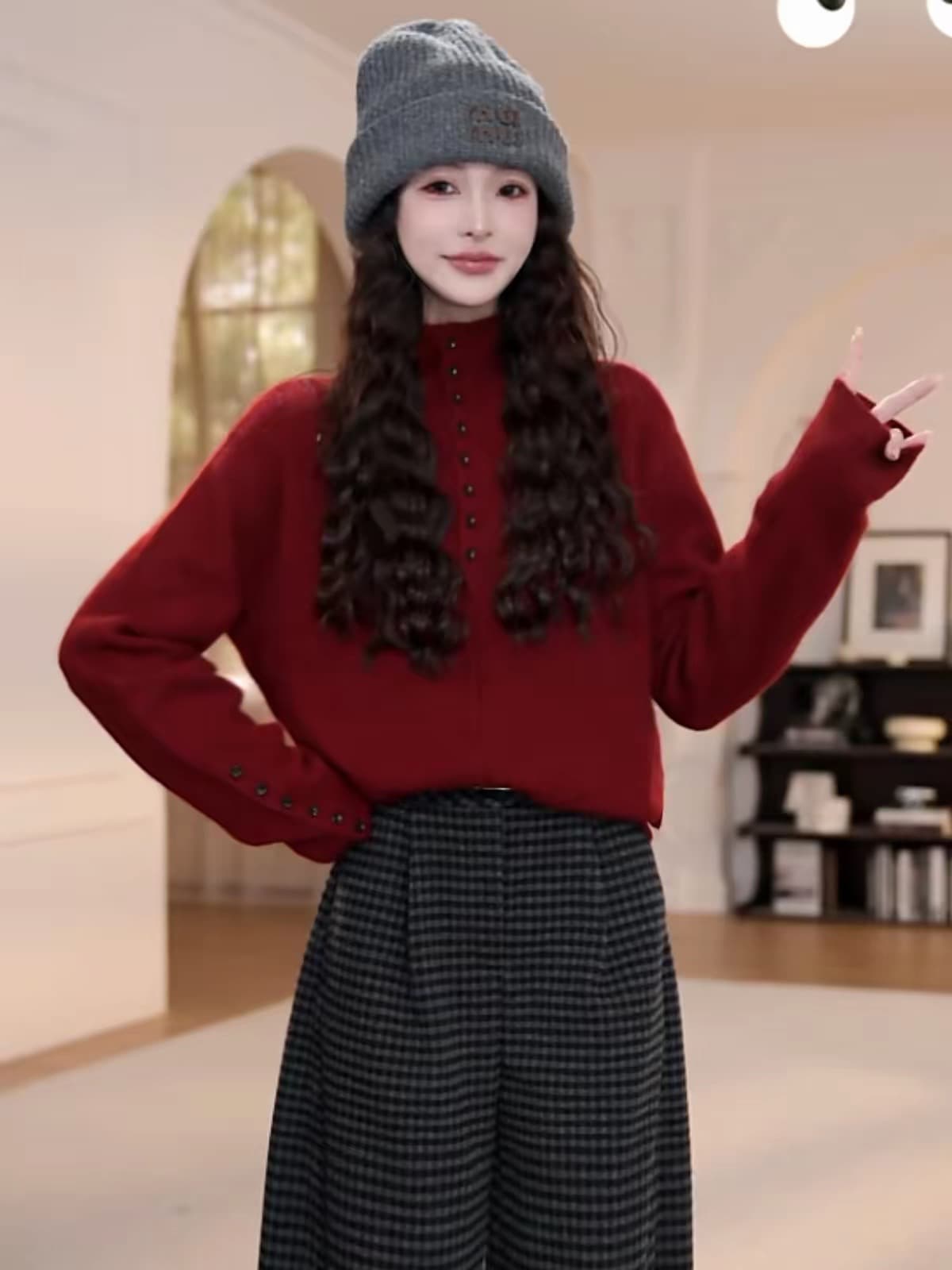 느긋한 바람 회색 반하이넥 단추 스웨터 여자 가을 겨울 루즈핏 패션 다용도 풀오버 긴팔 니트 스웨터 맨위 상세 이미지 1