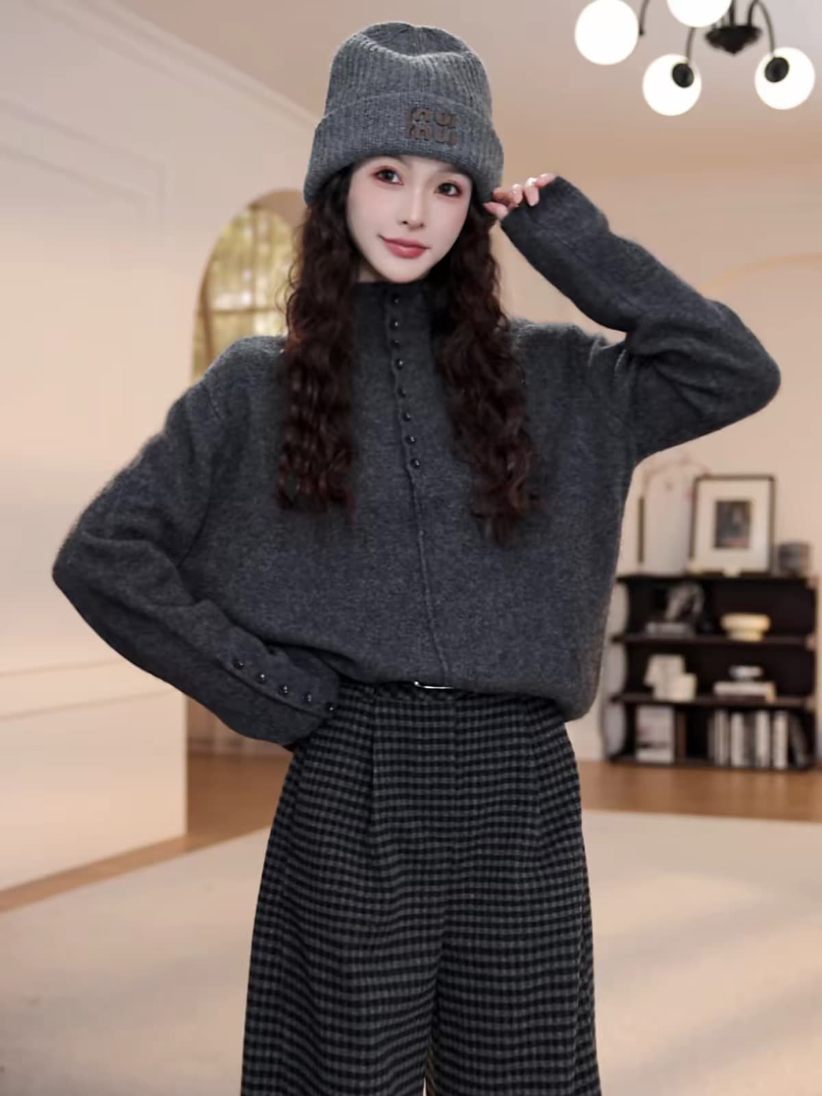 느긋한 바람 회색 반하이넥 단추 스웨터 여자 가을 겨울 루즈핏 패션 다용도 풀오버 긴팔 니트 스웨터 맨위 상세 이미지 5