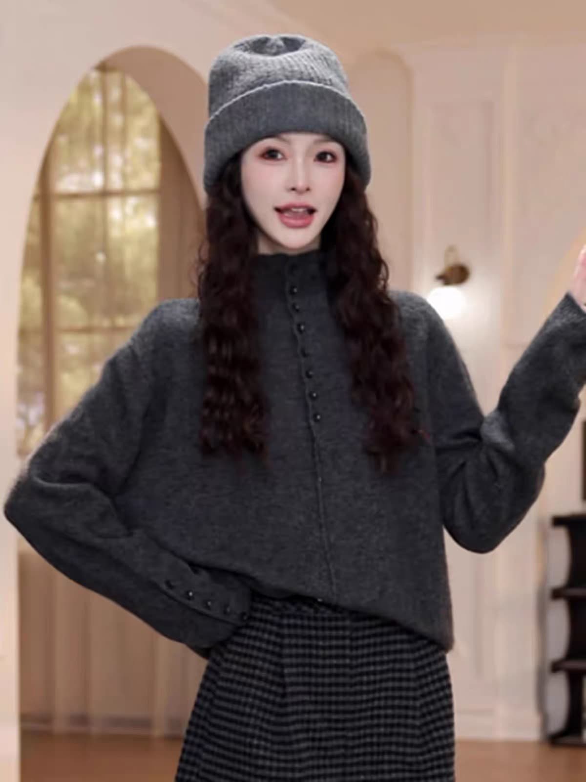 느긋한 바람 회색 반하이넥 단추 스웨터 여자 가을 겨울 루즈핏 패션 다용도 풀오버 긴팔 니트 스웨터 맨위 상세 이미지 6