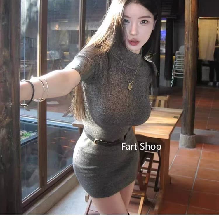 로얄 자매 타이트 스커트 여성 드레스 반하이넥 모직물 슬림해 보이는 타이트 반소매 짧은 치마 이미지 4