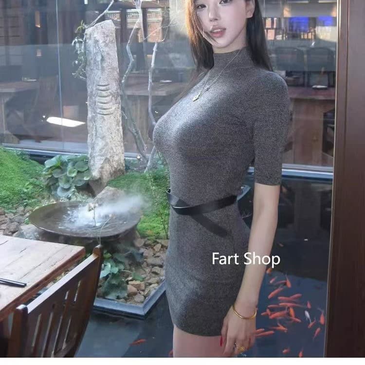 로얄 자매 타이트 스커트 여성 드레스 반하이넥 모직물 슬림해 보이는 타이트 반소매 짧은 치마 이미지 3