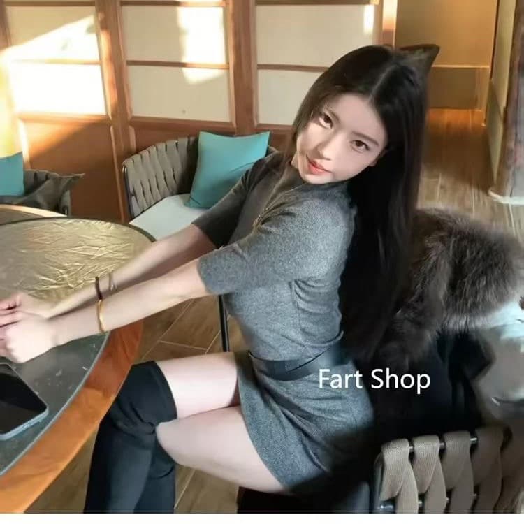 로얄 자매 타이트 스커트 여성 드레스 반하이넥 모직물 슬림해 보이는 타이트 반소매 짧은 치마 이미지 2