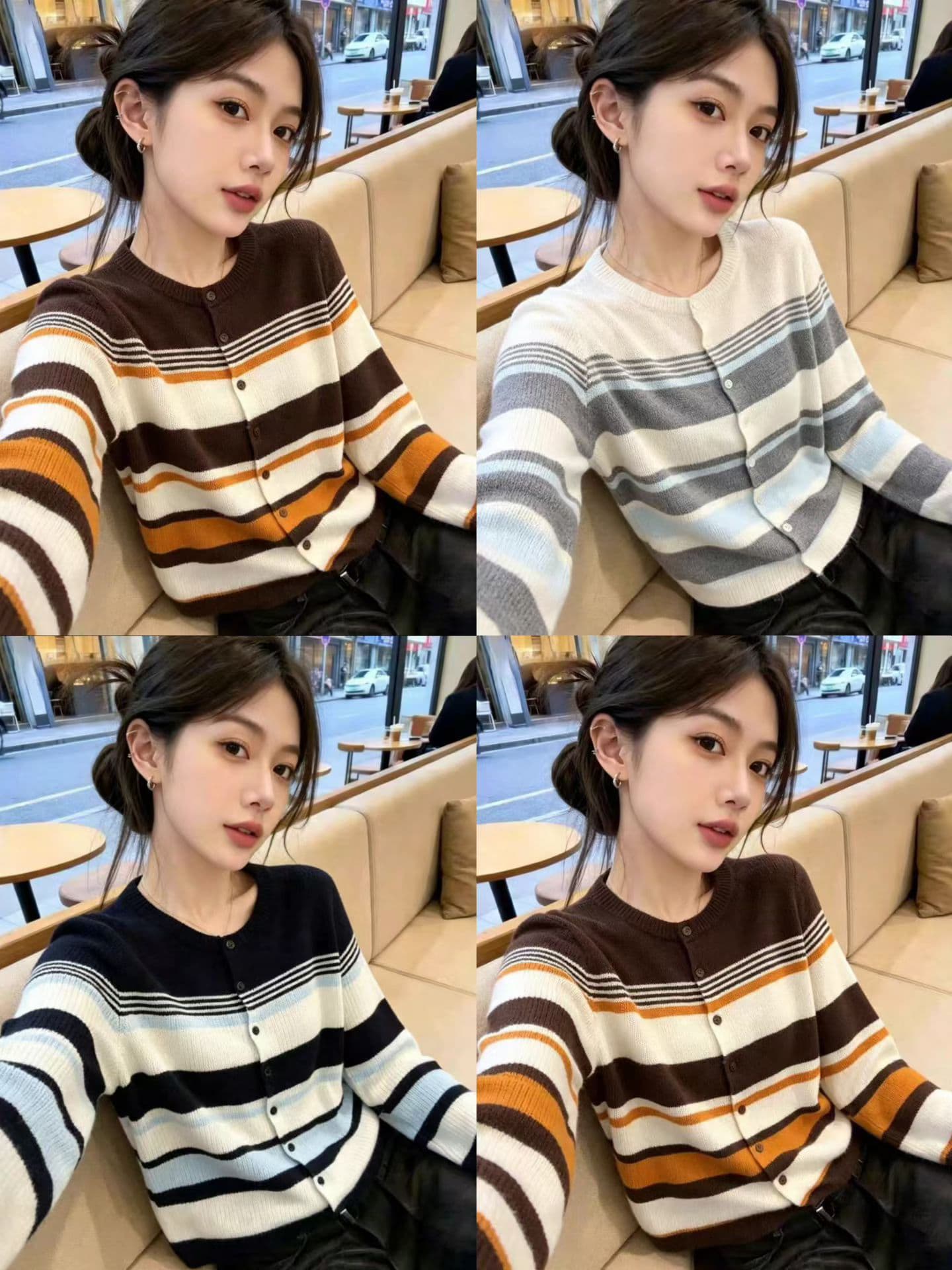 한 부서 배색 스트라이프 라운드 넥 니트 오픈 가디건 여성 얇은 스타일 긴팔 작은 외투 이른 가을 6 양모