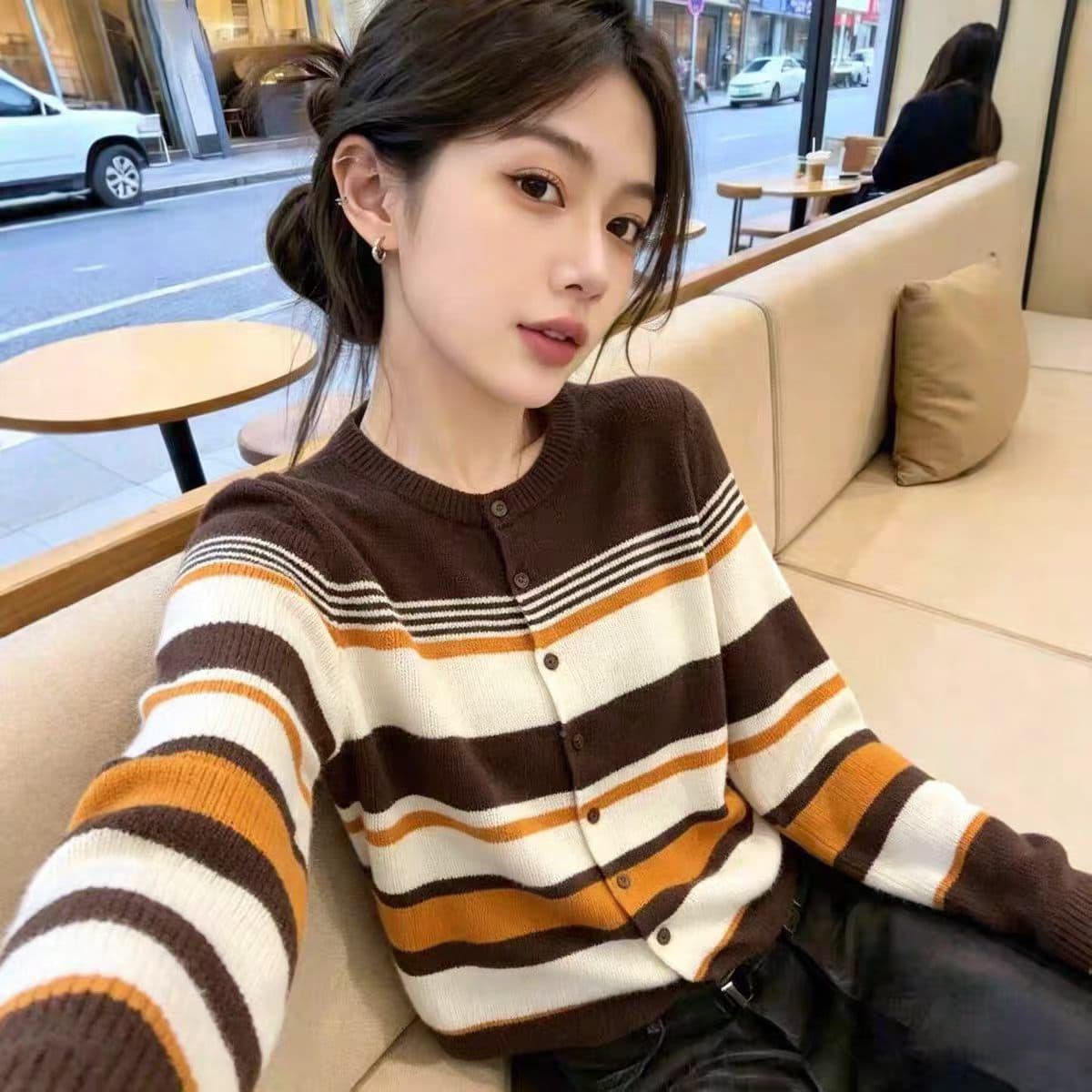 한 부서 배색 스트라이프 라운드 넥 니트 오픈 가디건 여성 얇은 스타일 긴팔 작은 외투 이른 가을 6 양모 상세 이미지 2