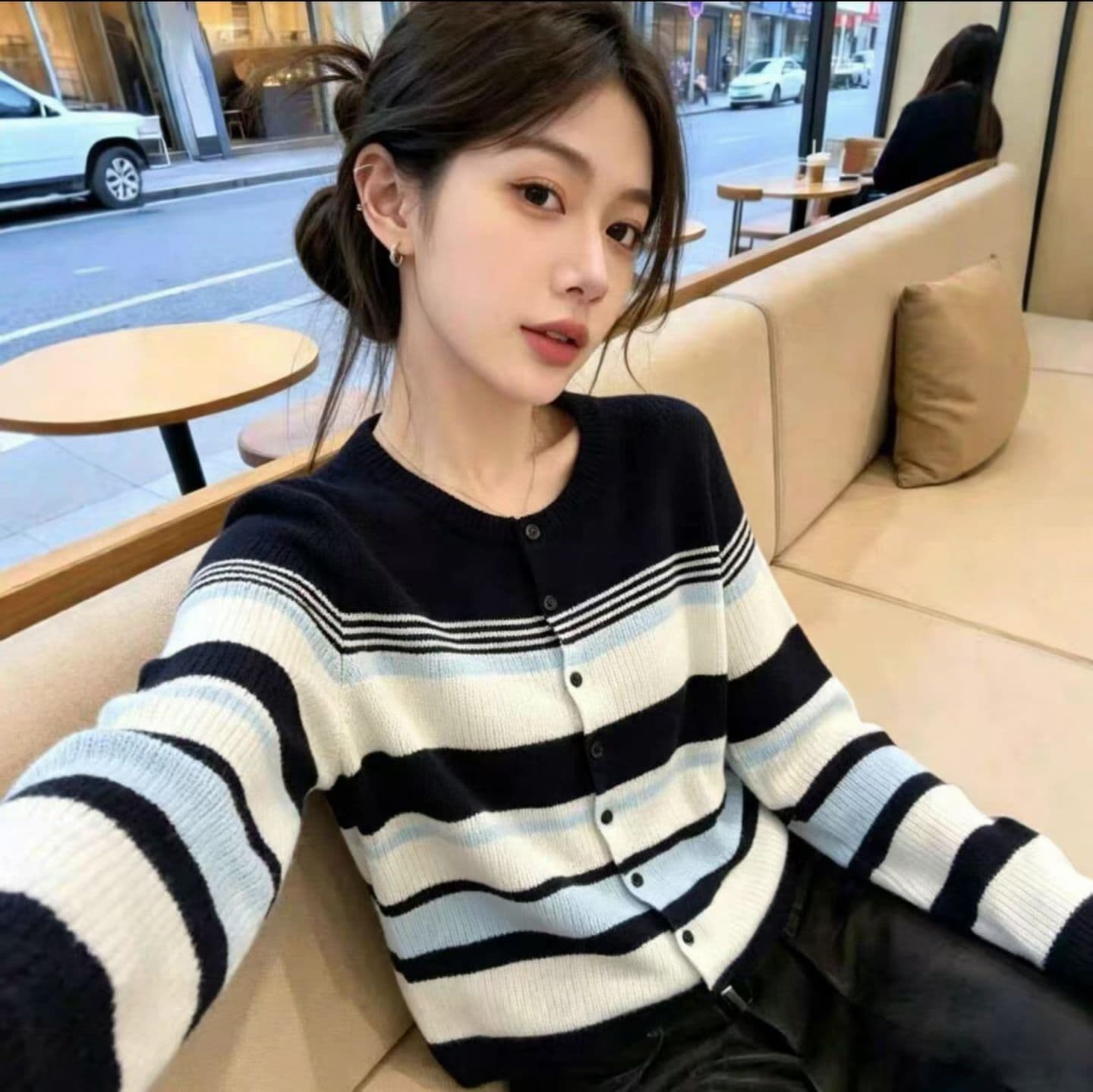 한 부서 배색 스트라이프 라운드 넥 니트 오픈 가디건 여성 얇은 스타일 긴팔 작은 외투 이른 가을 6 양모 상세 이미지 4