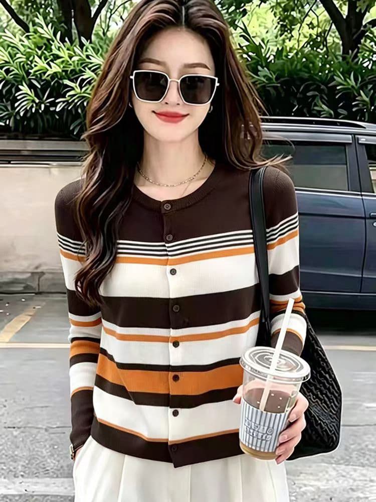 한 부서 배색 스트라이프 라운드 넥 니트 오픈 가디건 여성 얇은 스타일 긴팔 작은 외투 이른 가을 6 양모 상세 이미지 5