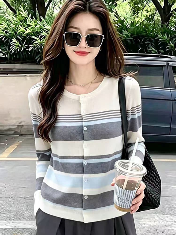 한 부서 배색 스트라이프 라운드 넥 니트 오픈 가디건 여성 얇은 스타일 긴팔 작은 외투 이른 가을 6 양모 상세 이미지 7
