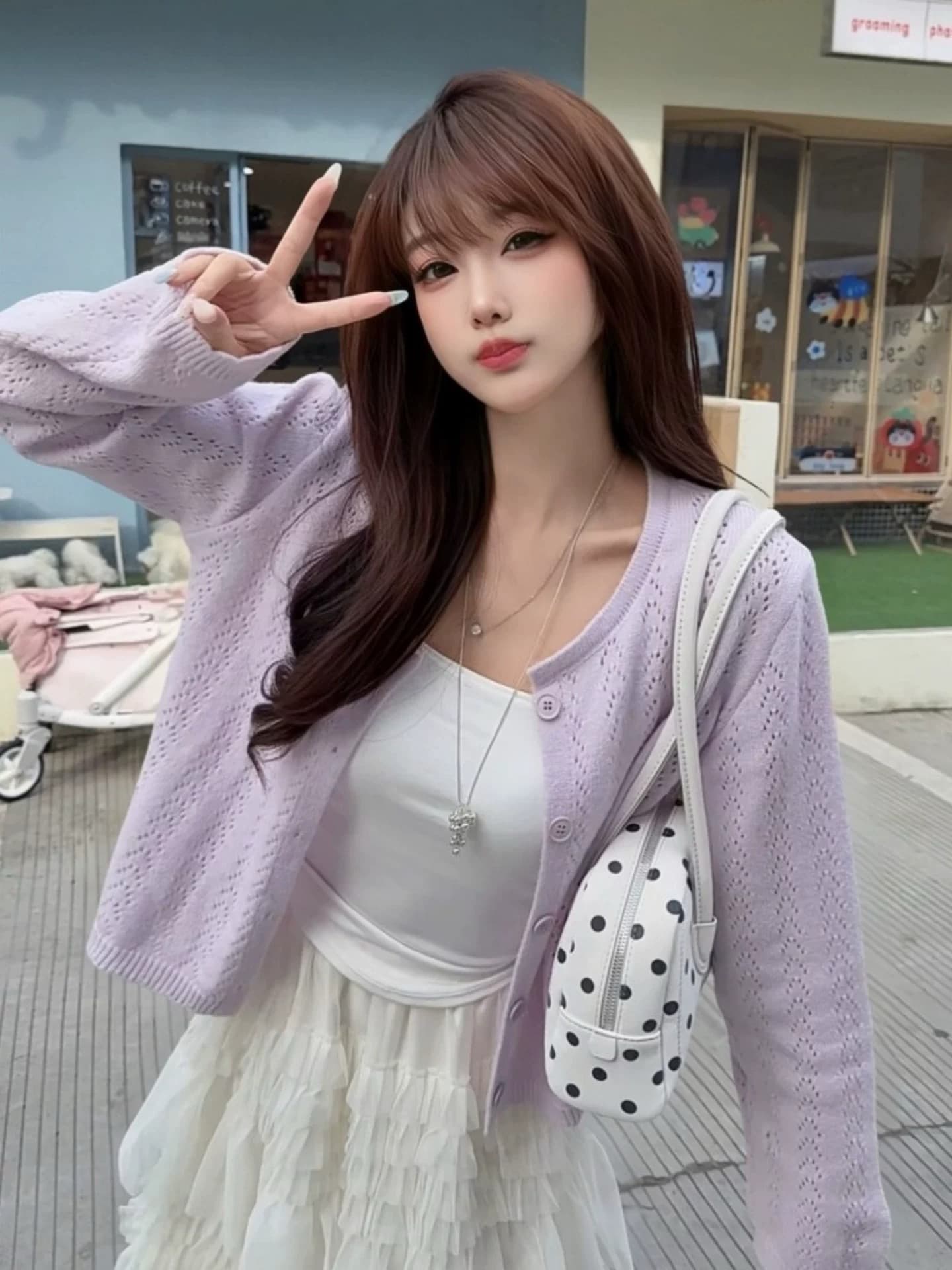 한국 스타일 부드러운 바람 홀로우 아웃 니트 오픈 가디건 여성 봄 가을 패션 학원 스타일 슬림해 보이는 다용도 부드러운 찹쌀 연령 감소 맨위 여성 상세 이미지 1