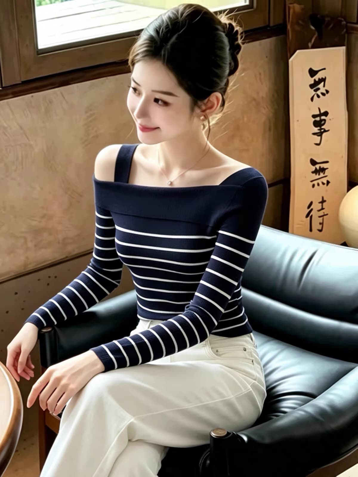 한 부서 배색 스트라이프 오프숄더 니트 스웨터 여성 2026 가을 새로운 고급 센스 몸매 가꾸기 슬림해 보이는 만나는 맨위 이미지 2