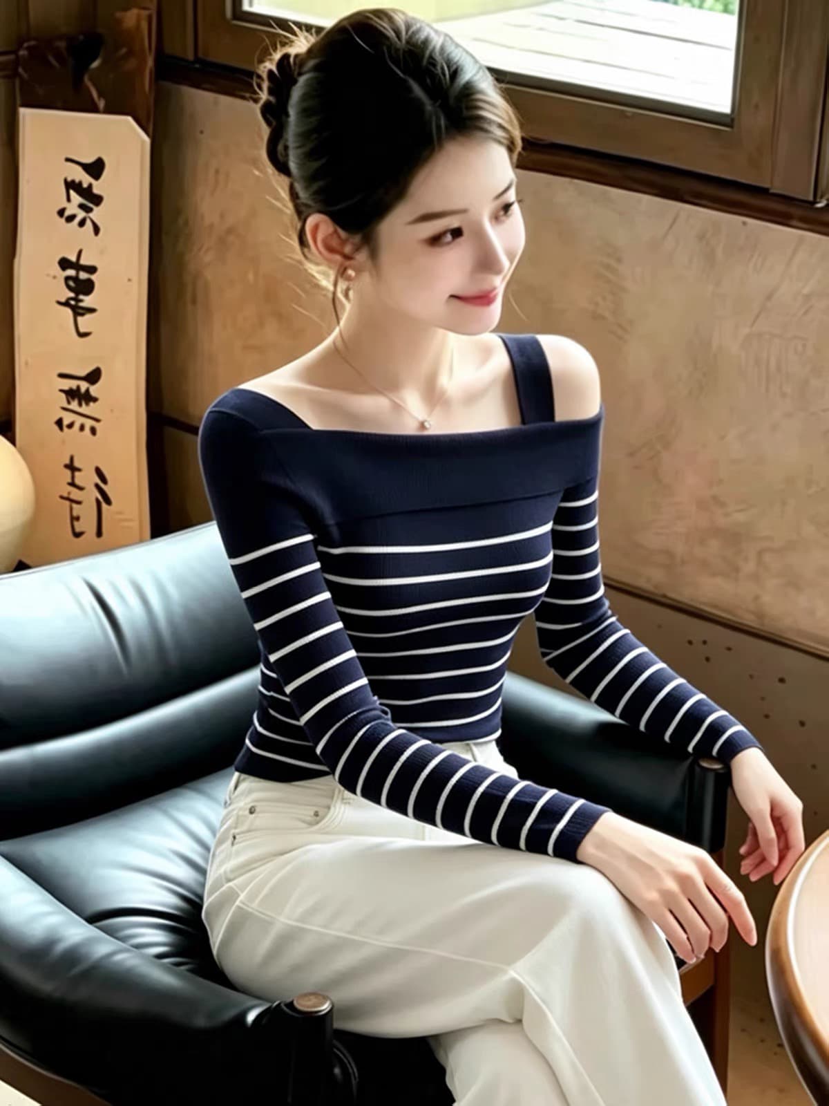 한 부서 배색 스트라이프 오프숄더 니트 스웨터 여성 2026 가을 새로운 고급 센스 몸매 가꾸기 슬림해 보이는 만나는 맨위 상세 이미지 1