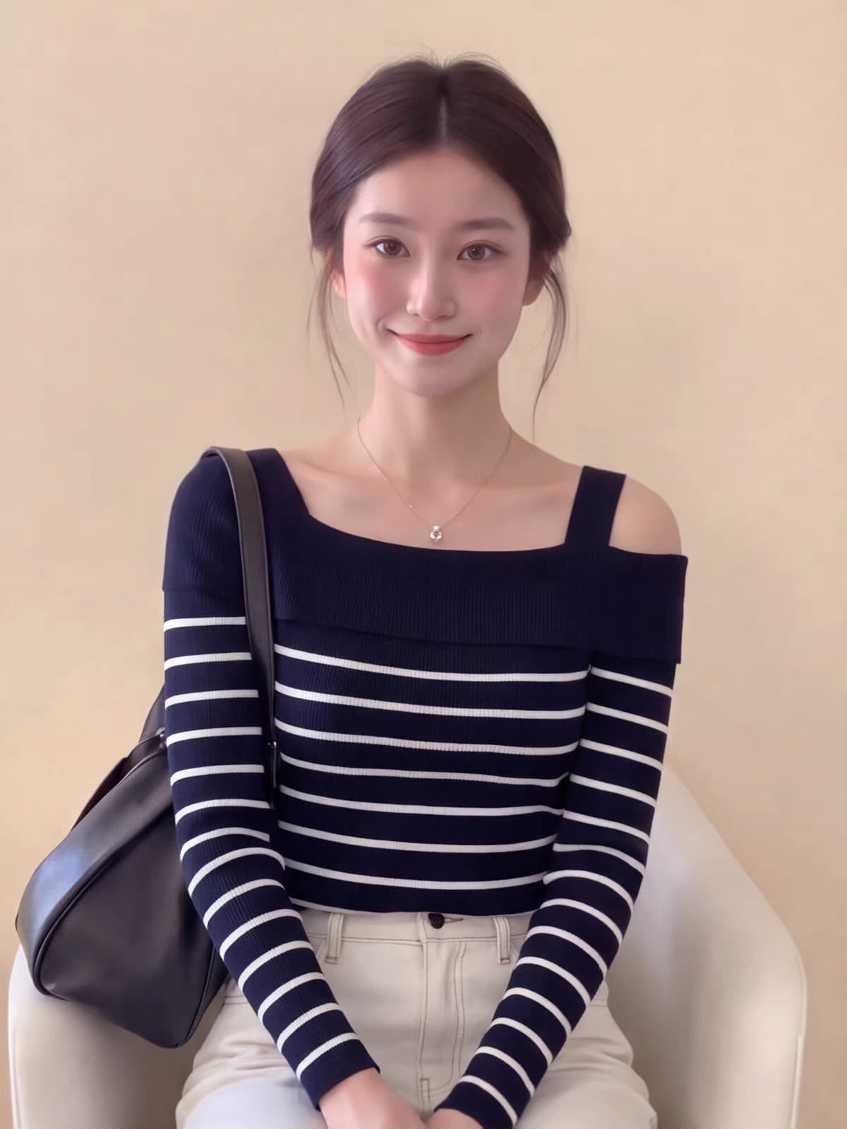 한 부서 배색 스트라이프 오프숄더 니트 스웨터 여성 2026 가을 새로운 고급 센스 몸매 가꾸기 슬림해 보이는 만나는 맨위 상세 이미지 6
