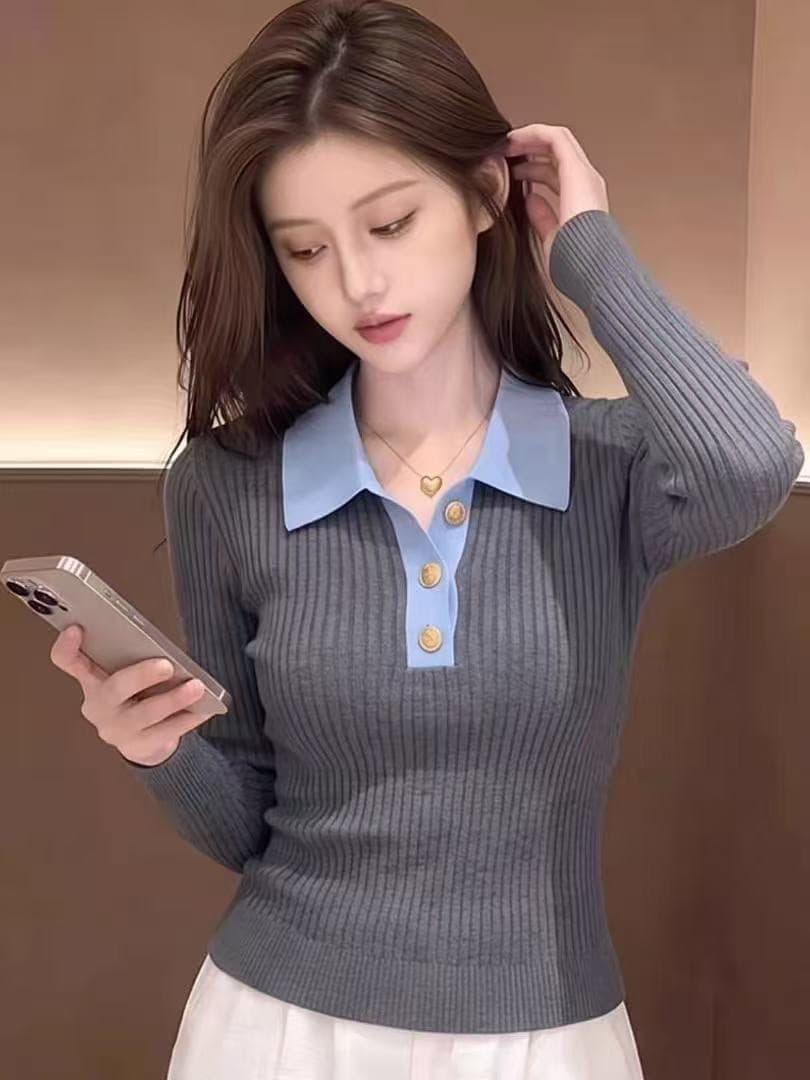 한 부서 고급 센스 배색 POLO 칼라 긴팔 니트 스웨터 여성 2026 가을 새로운 패션 몸매 가꾸기 다용도 맨위 상세 이미지 4