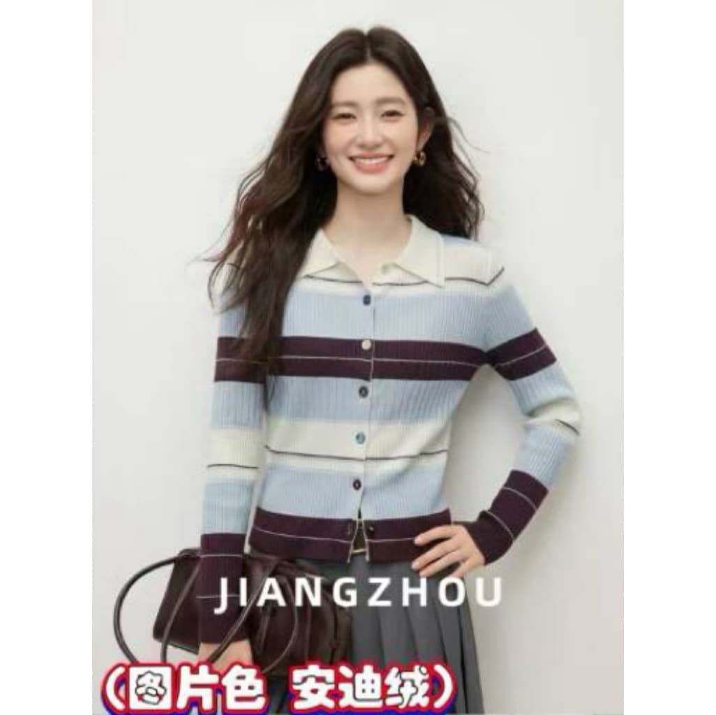 한 부서 착용 가져 가라. 배색 스트라이프 POLO 칼라 싱글 줄 버튼 니트 오픈 가디건 여성 가을 아름다운 고급 센스 몸매 가꾸기 맨위 이미지 3