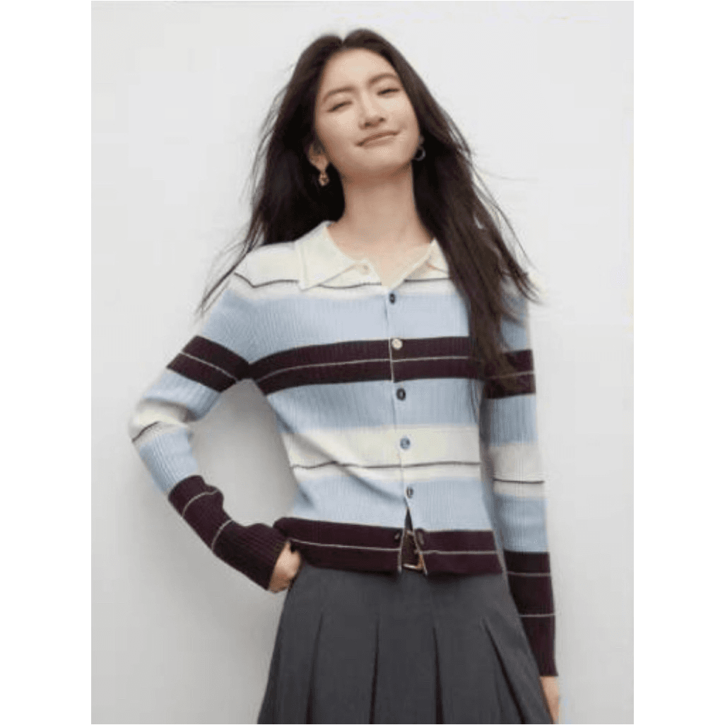한 부서 착용 가져 가라. 배색 스트라이프 POLO 칼라 싱글 줄 버튼 니트 오픈 가디건 여성 가을 아름다운 고급 센스 몸매 가꾸기 맨위 이미지 5
