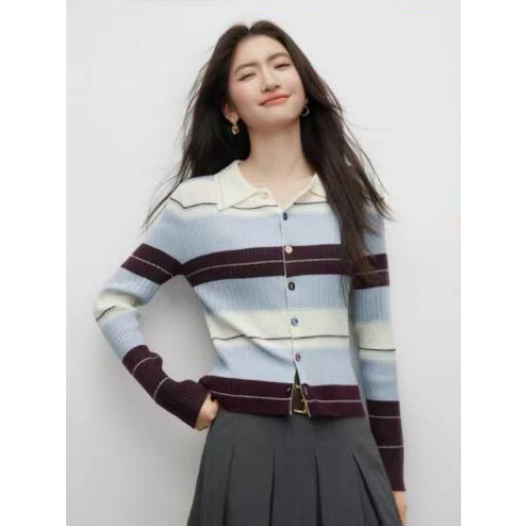 한 부서 착용 가져 가라. 배색 스트라이프 POLO 칼라 싱글 줄 버튼 니트 오픈 가디건 여성 가을 아름다운 고급 센스 몸매 가꾸기 맨위 상세 이미지 5