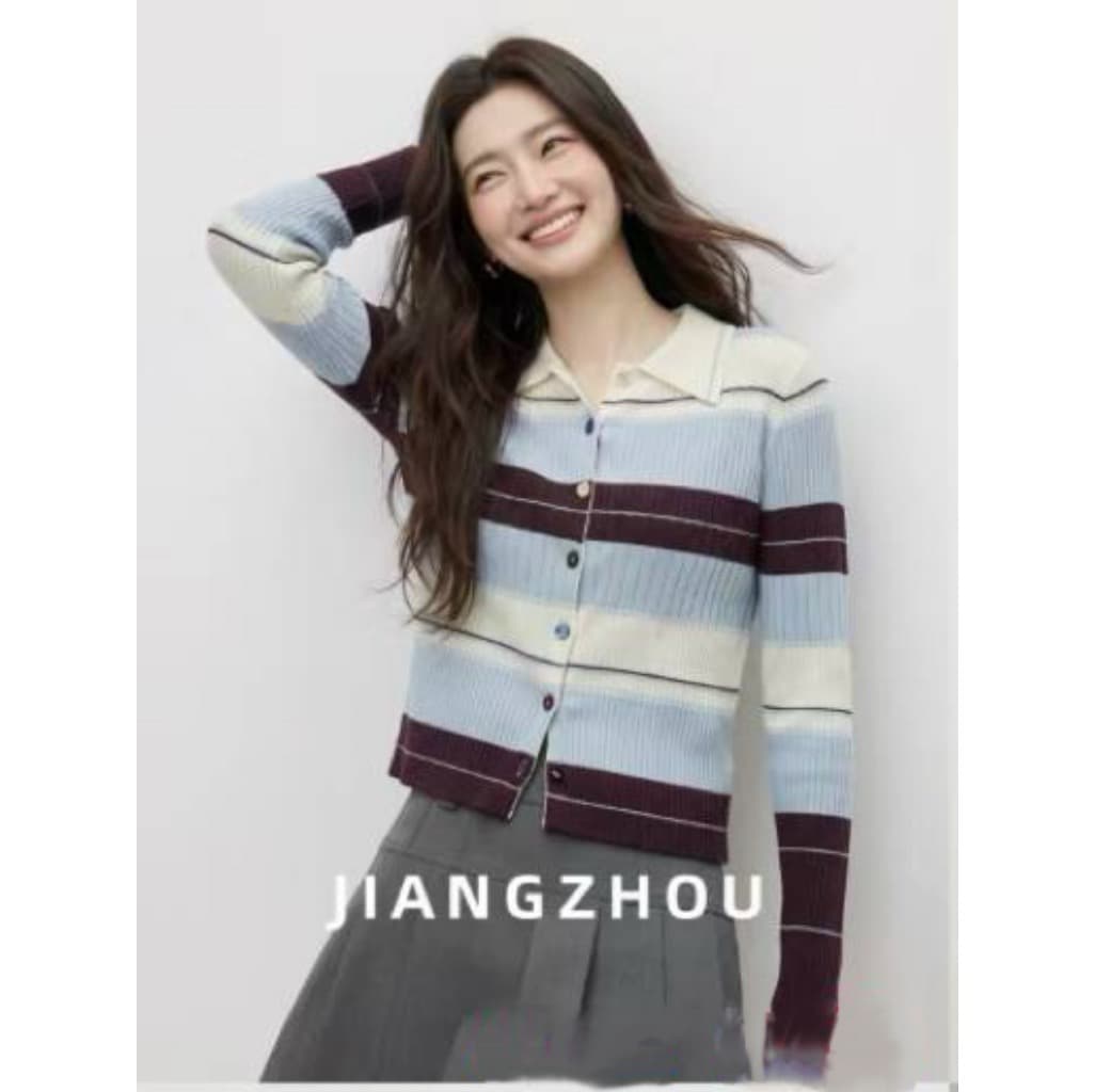 한 부서 착용 가져 가라. 배색 스트라이프 POLO 칼라 싱글 줄 버튼 니트 오픈 가디건 여성 가을 아름다운 고급 센스 몸매 가꾸기 맨위 상세 이미지 6