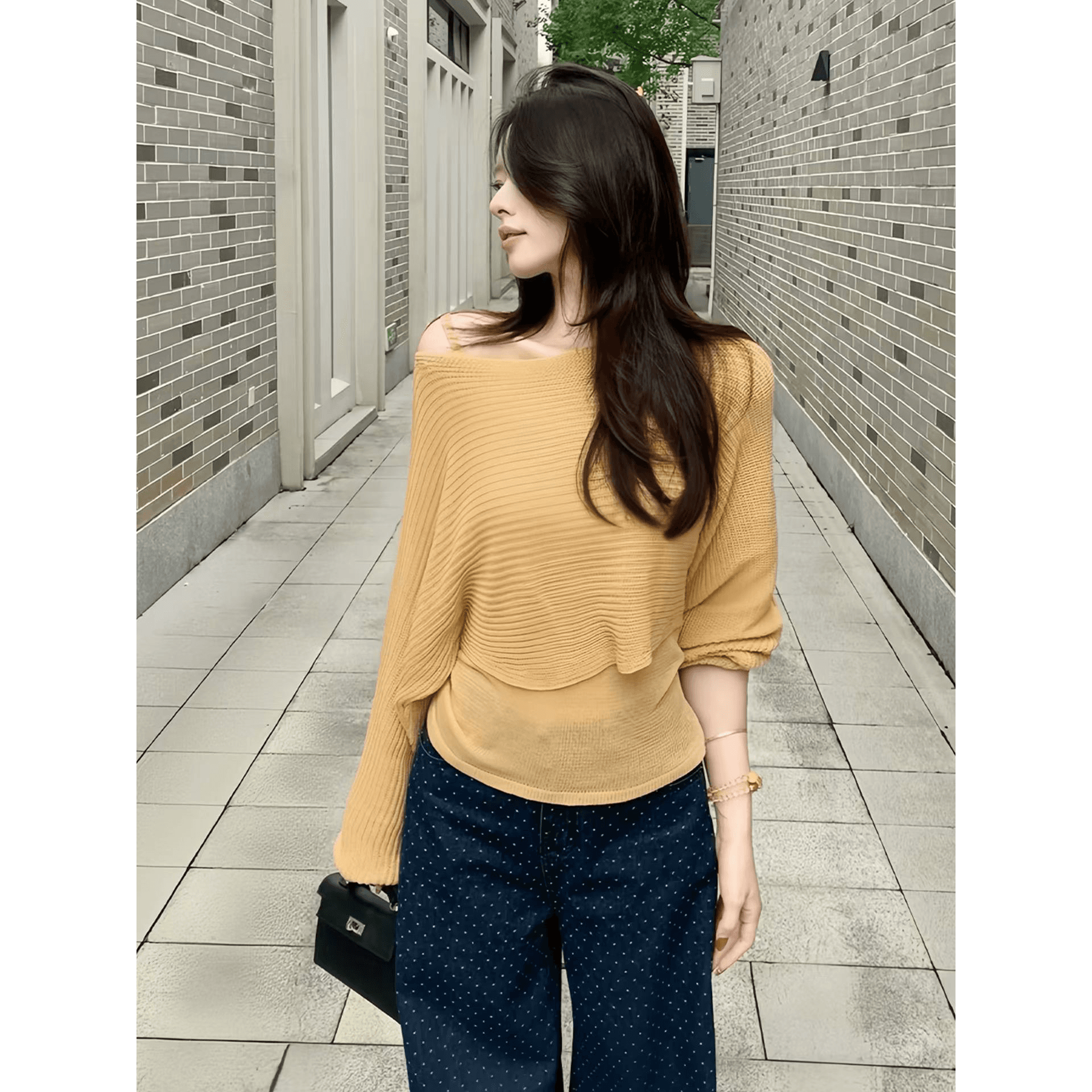 한 부서 핑크색 홀로우 아웃 긴팔 니트 스웨터 여성 이른 가을 작은 키 캐주얼 느긋한 바람 루즈핏 품격 오프숄더 맨위 이미지 5