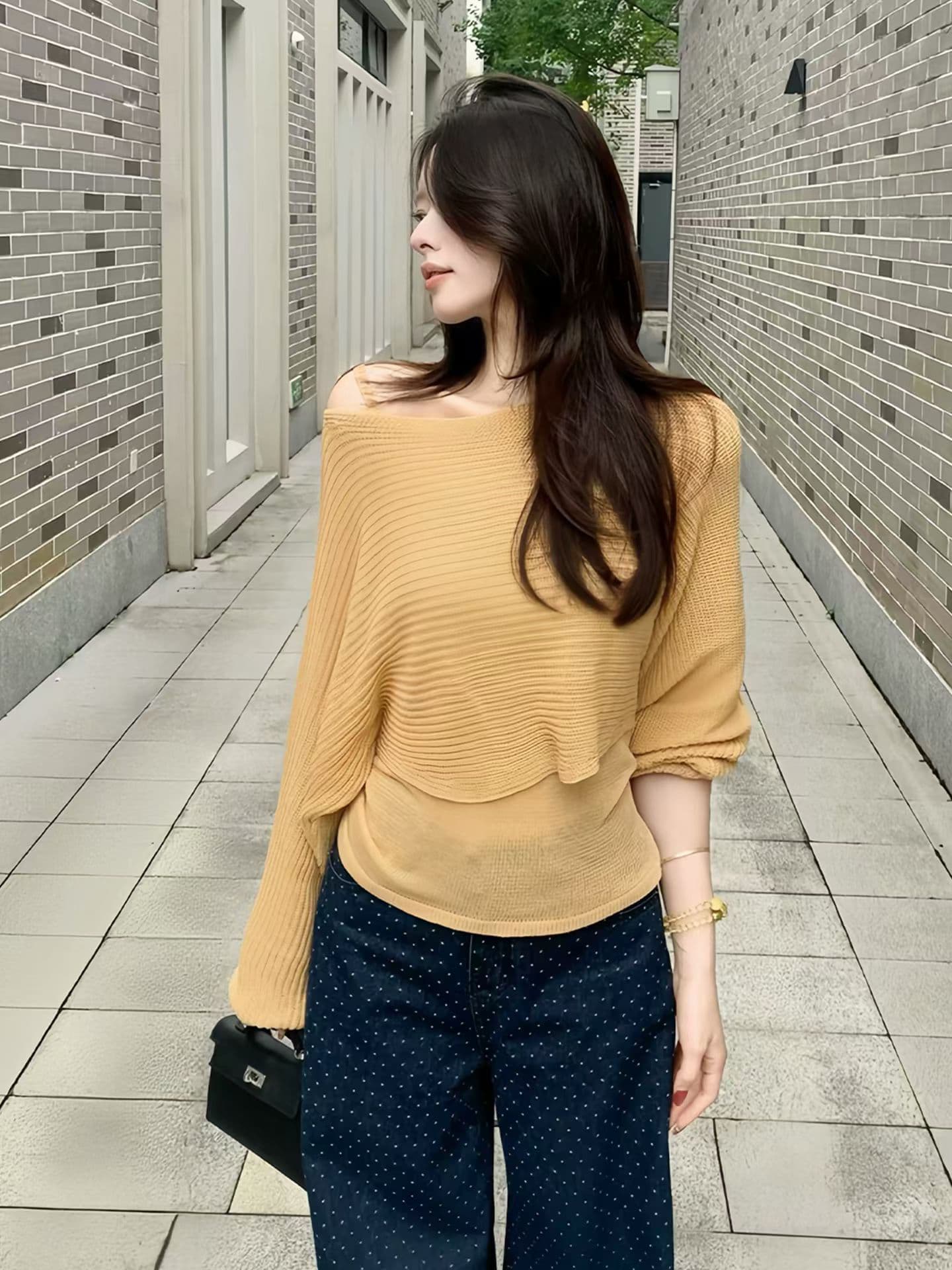 한 부서 핑크색 홀로우 아웃 긴팔 니트 스웨터 여성 이른 가을 작은 키 캐주얼 느긋한 바람 루즈핏 품격 오프숄더 맨위 상세 이미지 2