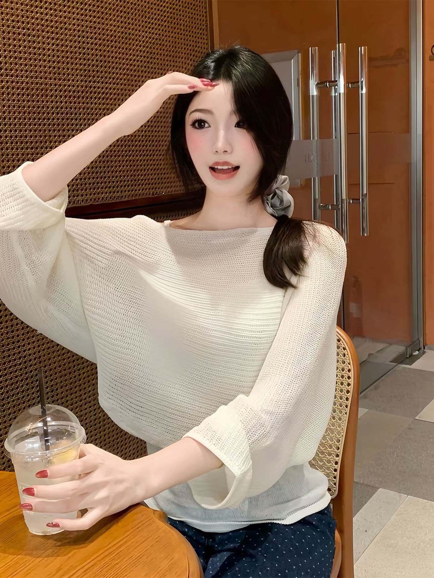 한 부서 핑크색 홀로우 아웃 긴팔 니트 스웨터 여성 이른 가을 작은 키 캐주얼 느긋한 바람 루즈핏 품격 오프숄더 맨위 상세 이미지 7