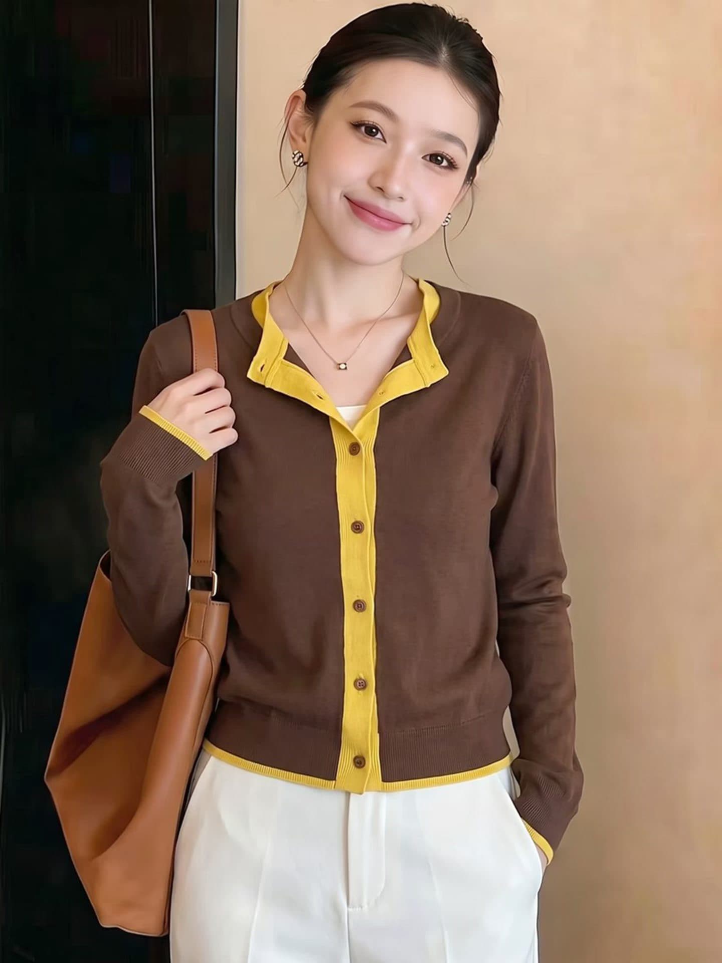 배색 페이크 레이어드 니트 오픈 가디건 여성 가을 새로운 작은 대중 Chic 긴팔 디자인 센스 슬림해 보이는 맨위 니트 스웨터 상세 이미지 2