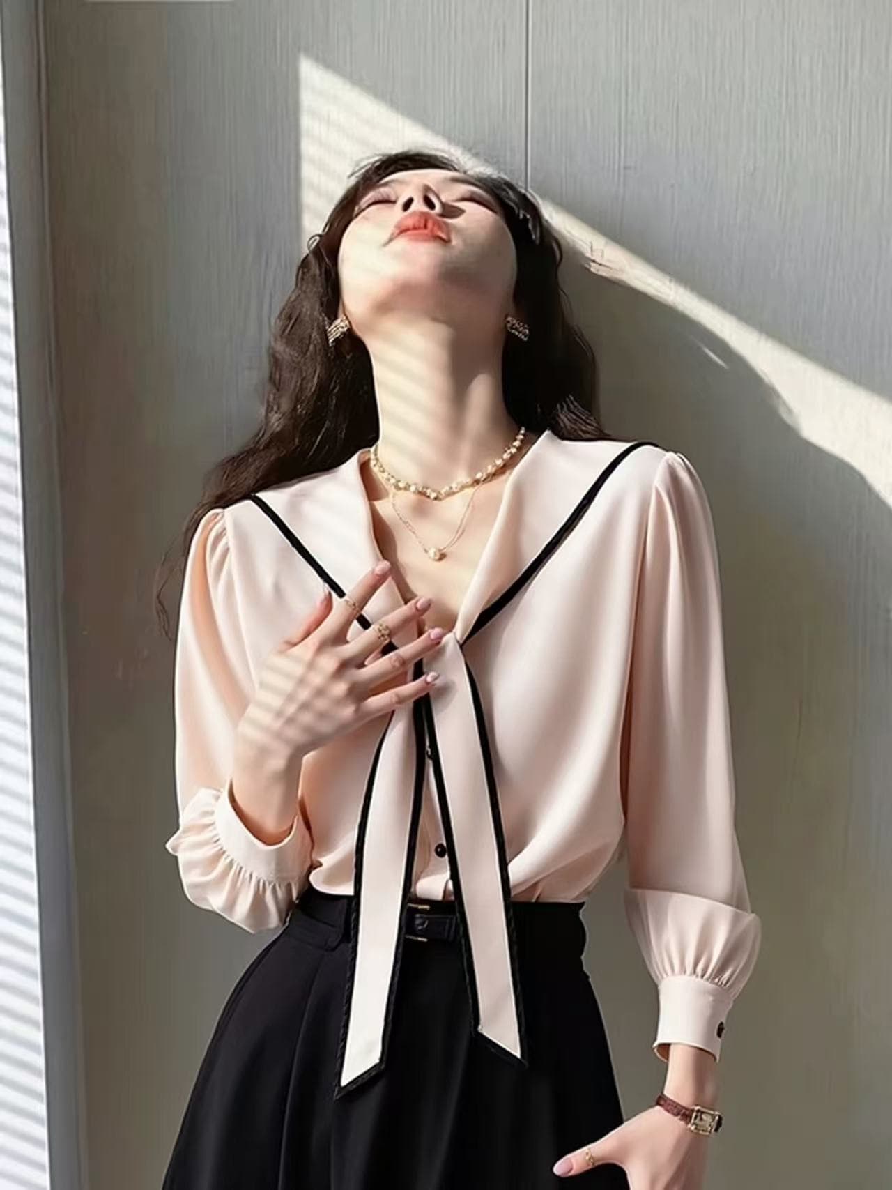 고유 한 아름다운 자이언트 잘 생긴 여성 셔츠 봄 새로운 핑크색 고급 센스 빛 요리 한 연령 감소 외국 가스 나비 매듭 맨위 이미지 2