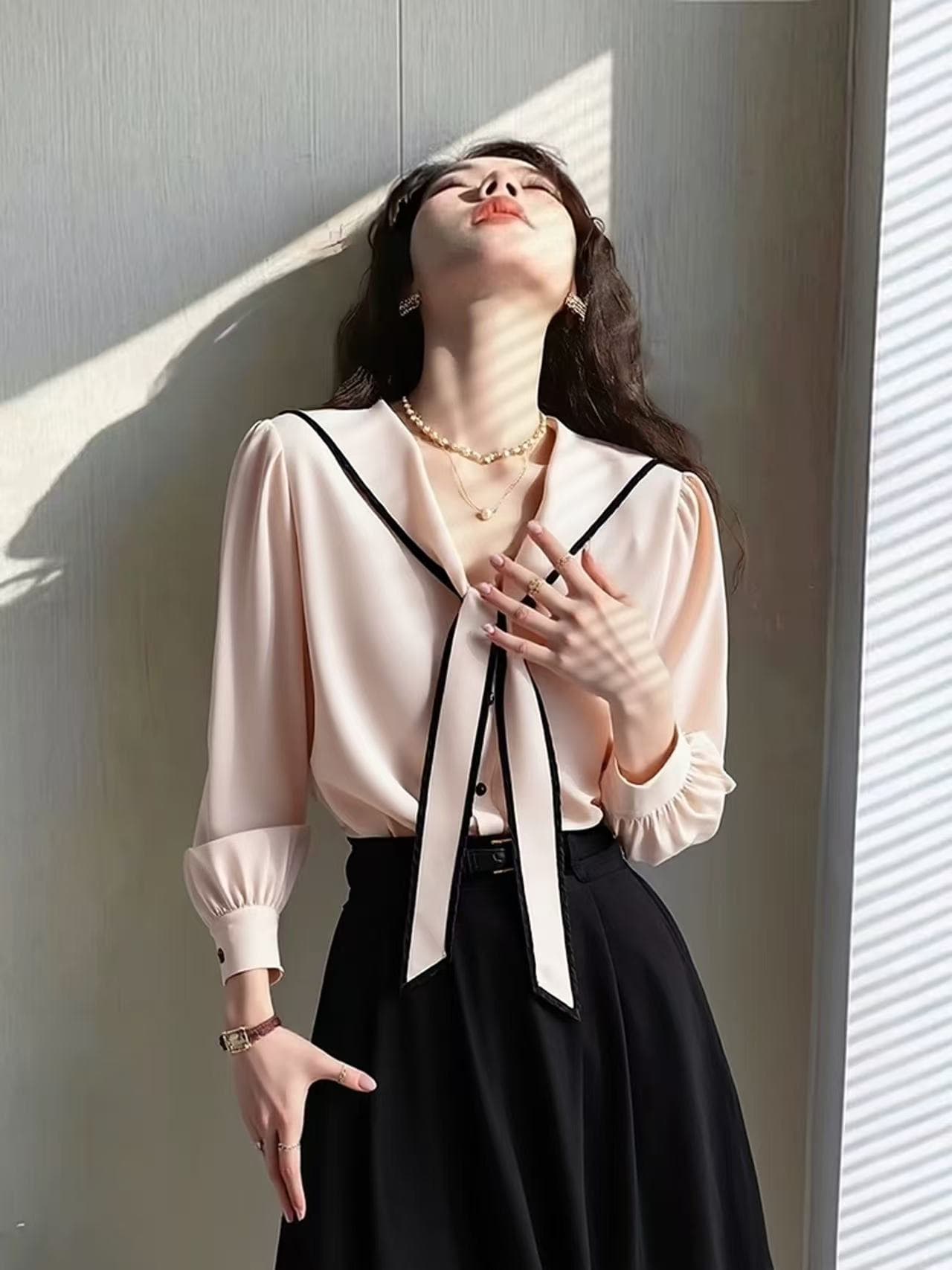 고유 한 아름다운 자이언트 잘 생긴 여성 셔츠 봄 새로운 핑크색 고급 센스 빛 요리 한 연령 감소 외국 가스 나비 매듭 맨위 상세 이미지 2
