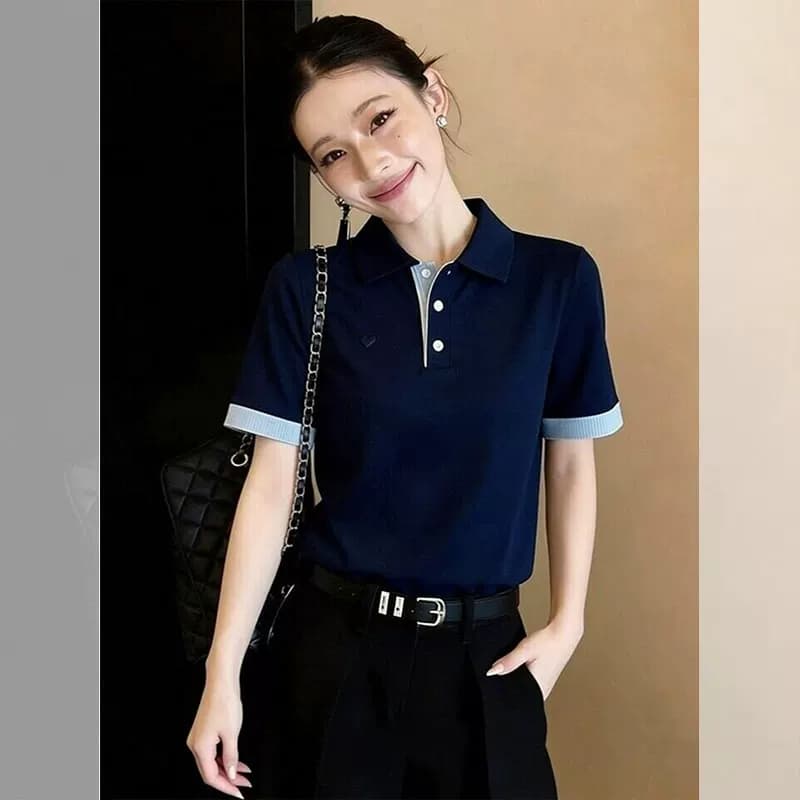 프랑스식 고급 센스 미니멀리즘 배색 폴로 칼라 POLO 셔츠 여성 2026 여름 드레스 새로운 다용도 캐주얼 반팔 맨위 상세 이미지 1