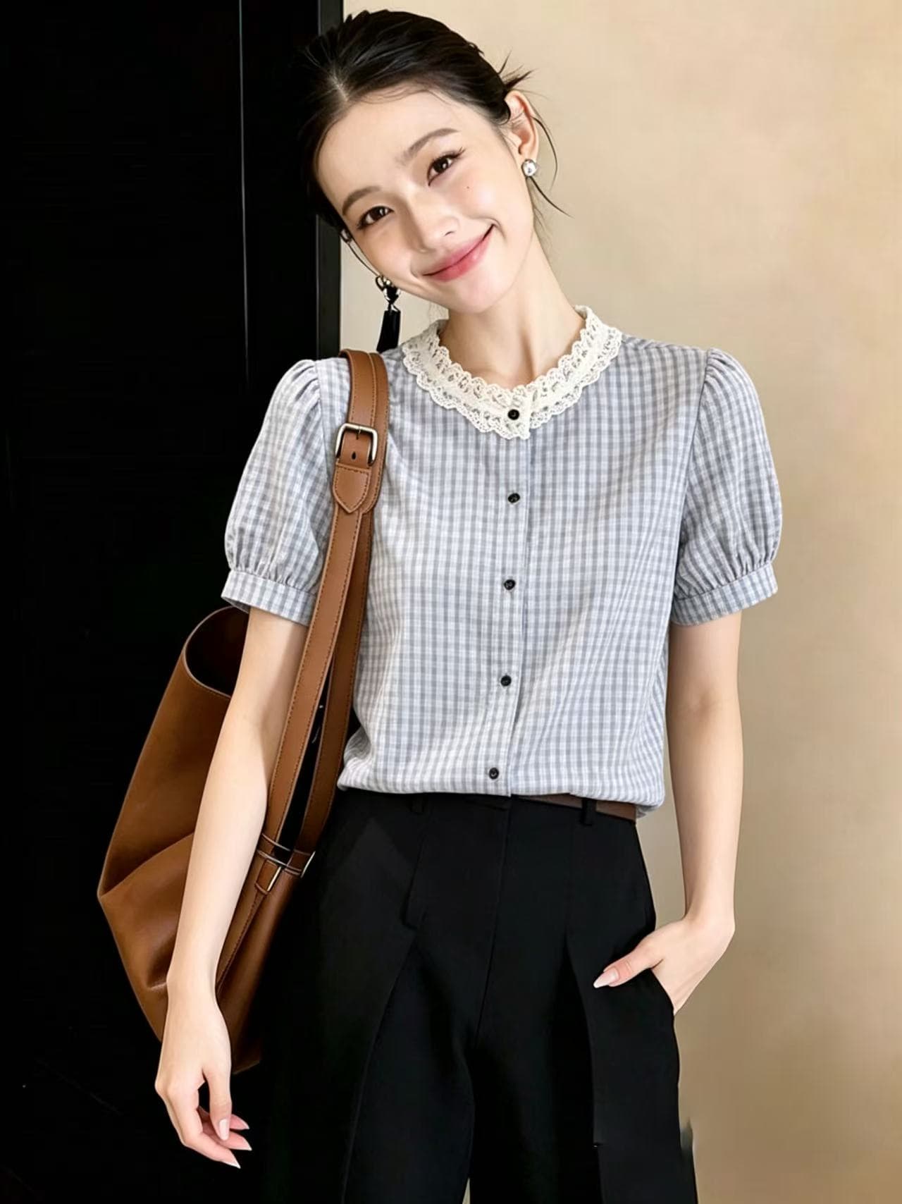 레이스 칼라 체크무늬 반팔 여성 셔츠 26 여름 드레스 새로운 문예 소녀 레이스 조각 분위기 센스 프랑스식 맨위