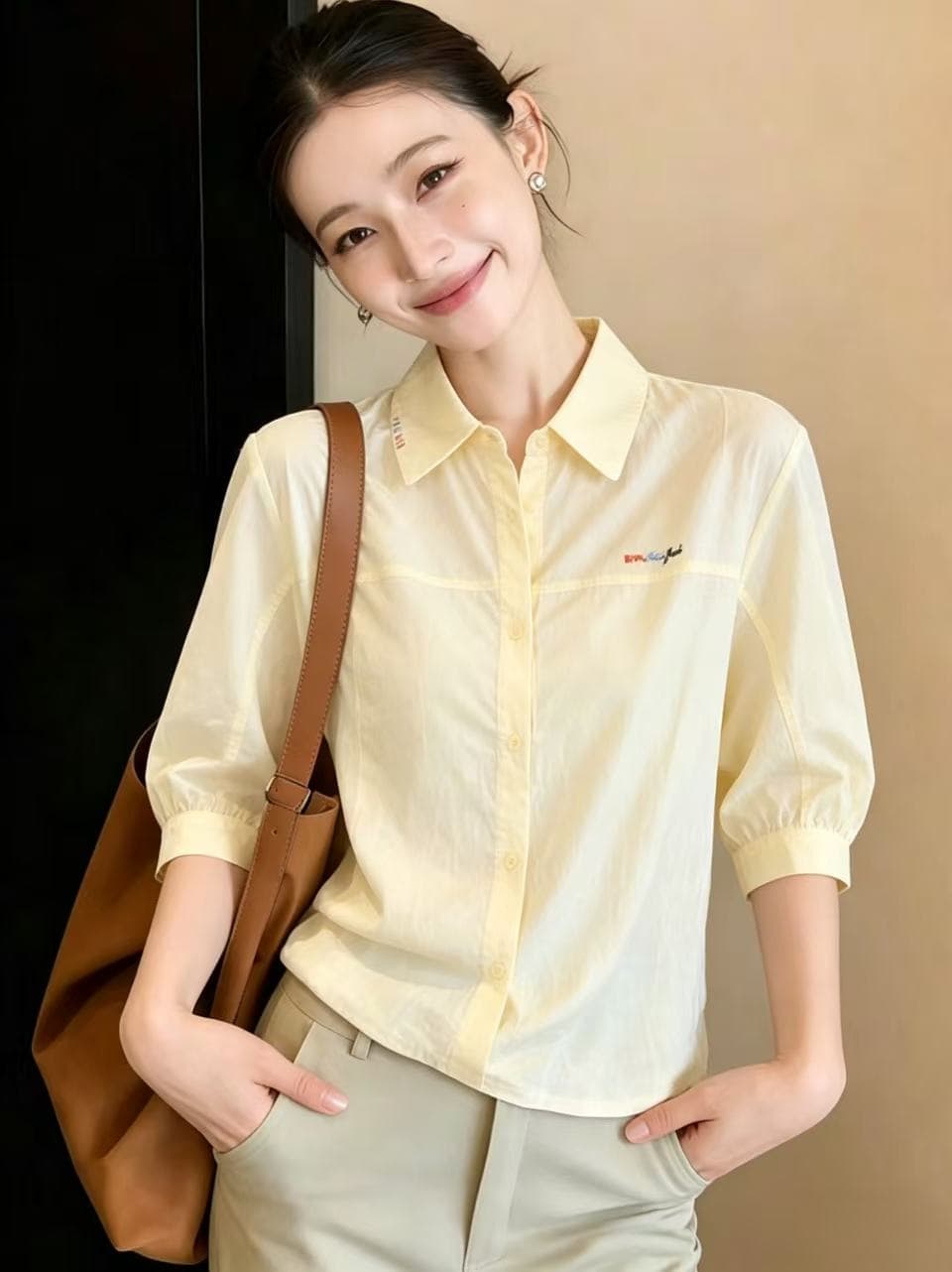 순면 자수 여성 셔츠 2026 여름 새로운 7부 소매 황색 폴로 칼라 셔츠 캐주얼 루즈핏 맨위 여성 상세 이미지 3